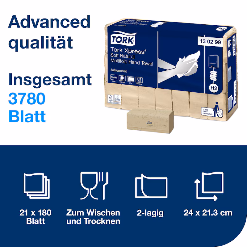 Tork Xpress® Multifold Handtuchpapier H2 Advanced 2-lagig Natur 21x180 Blatt (130299)