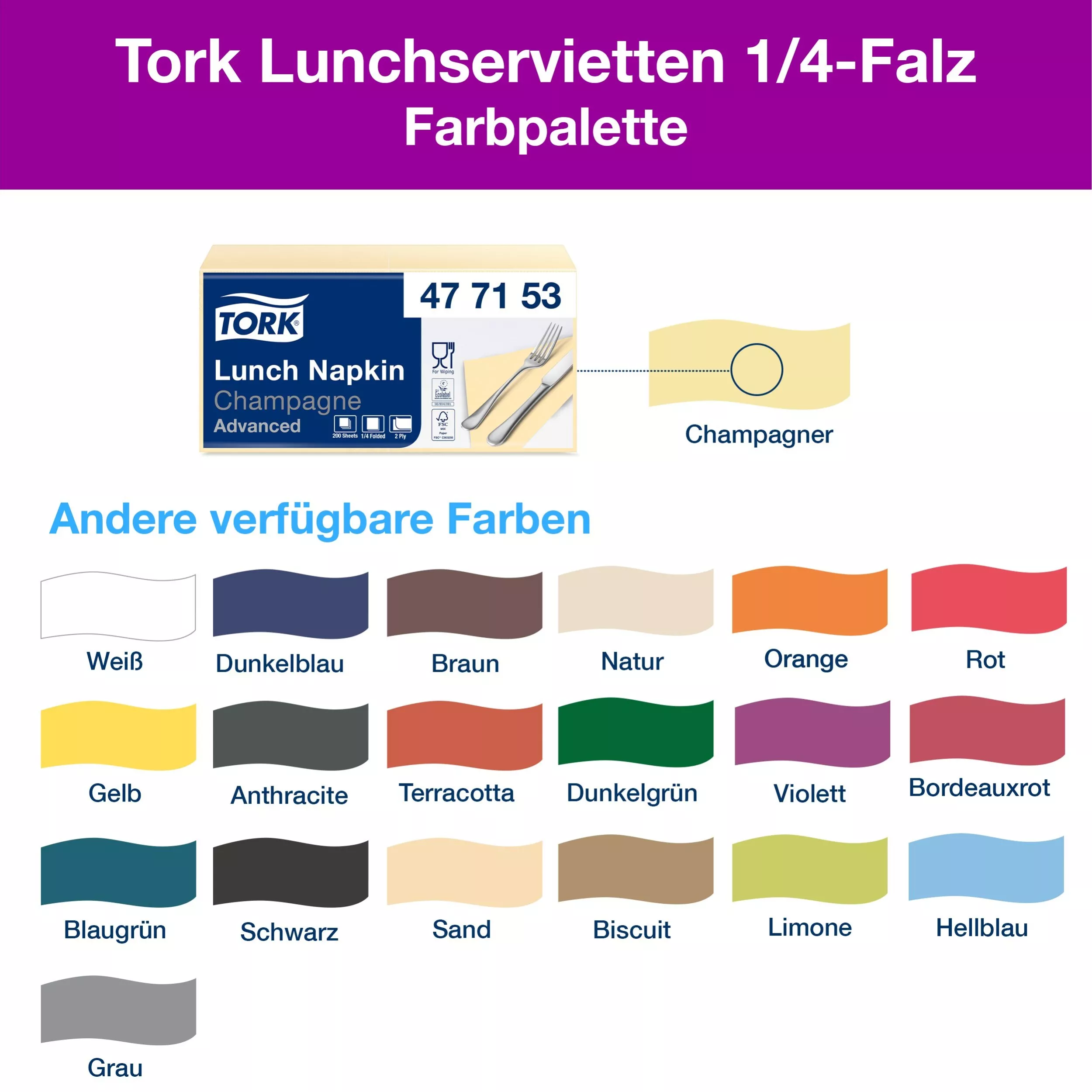 Tork Lunchserviette Champagner, 1/4-Falz, 2-lagig, 33 cm × 33 cm, 10 × 200 Servietten, 477153