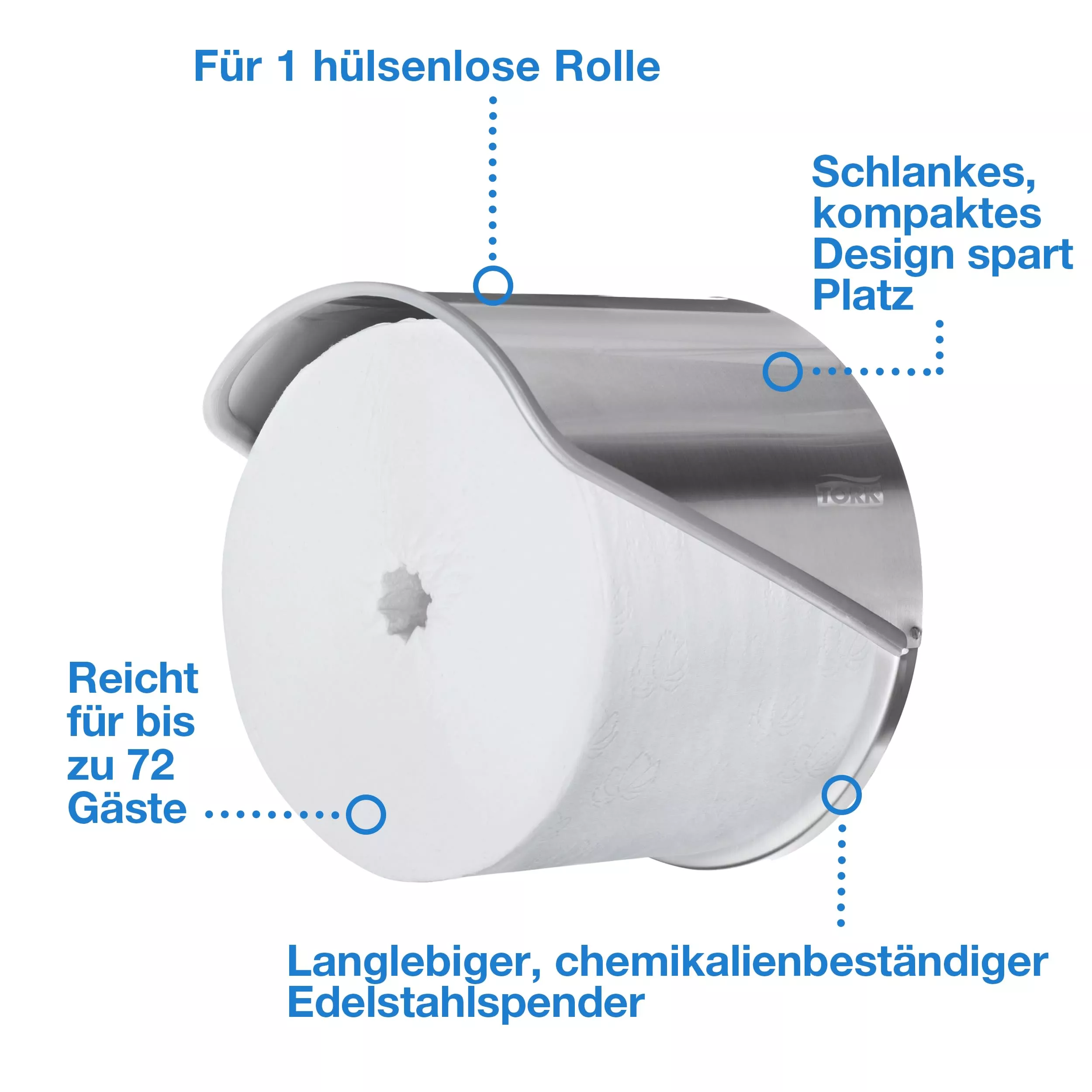 Tork OptiServe® Einzelrollenspender für Hülsenloses Toilettenpapier Edelstahl T7, robuster Toilettenpapierspender, 472259