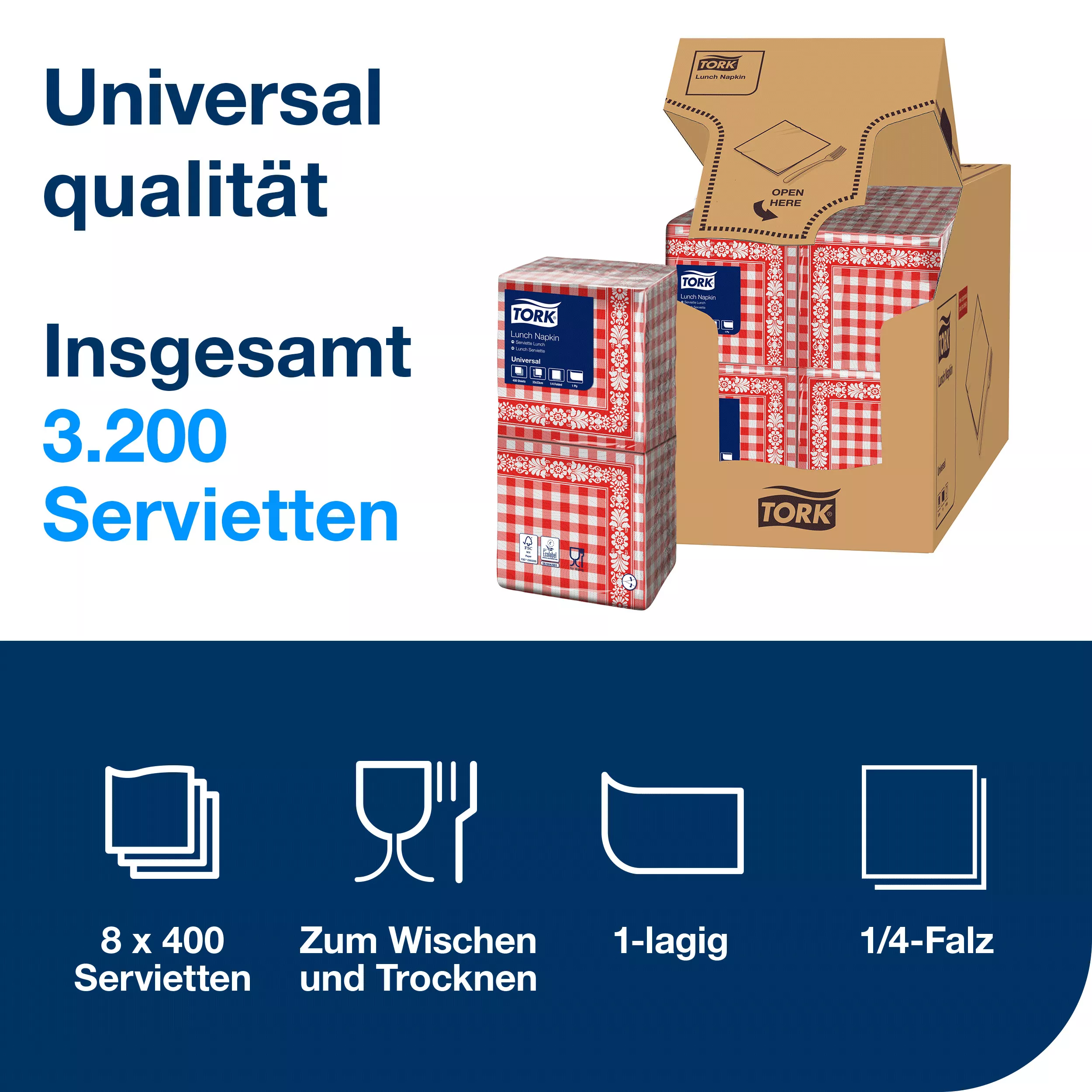 Tork Rotkarierte Lunchserviette, 1/4-Falz, 1-lagig, 33 cm × 33 cm, 8 × 400 Servietten, 509350