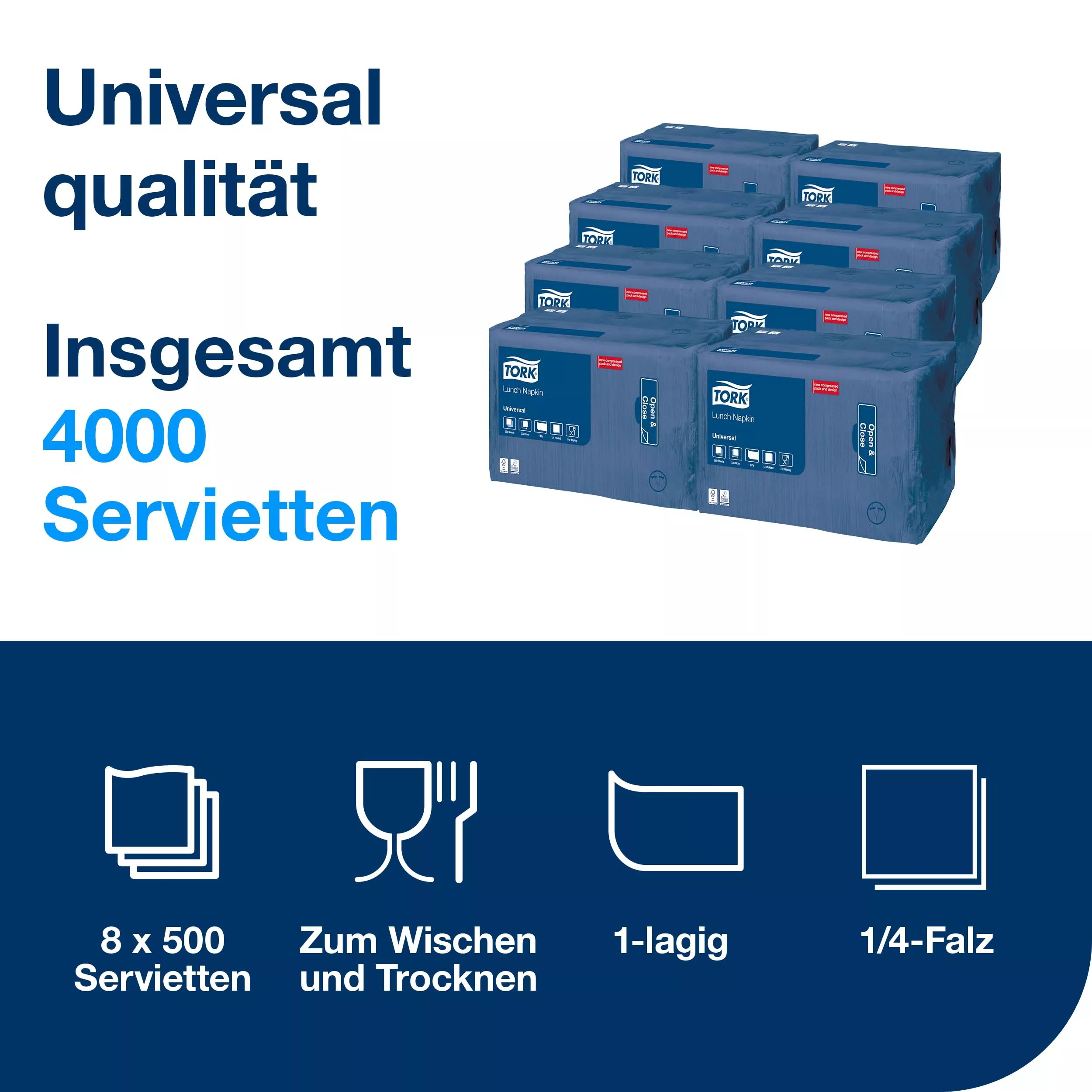 Tork Lunchservietten Dunkelblau, 1/4-Falz, 1-lagig, 33 cm × 33 cm, 8 × 500 Servietten, 509302
