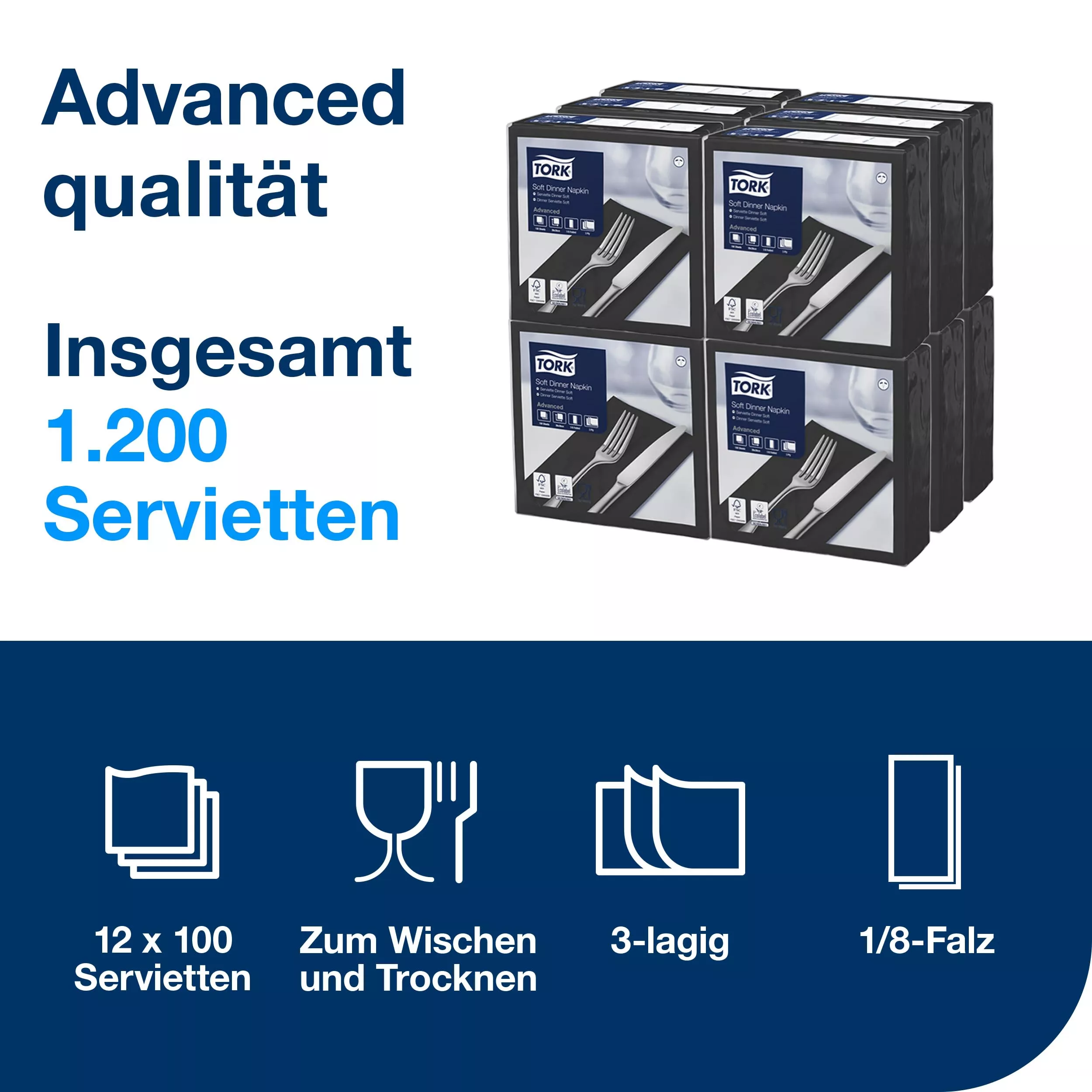 Tork Soft Dinnerservietten Schwarz, 1/8‑Falz, 3‑lagig, 39 cm × 39 cm, 12 × 100 Servietten, 470251