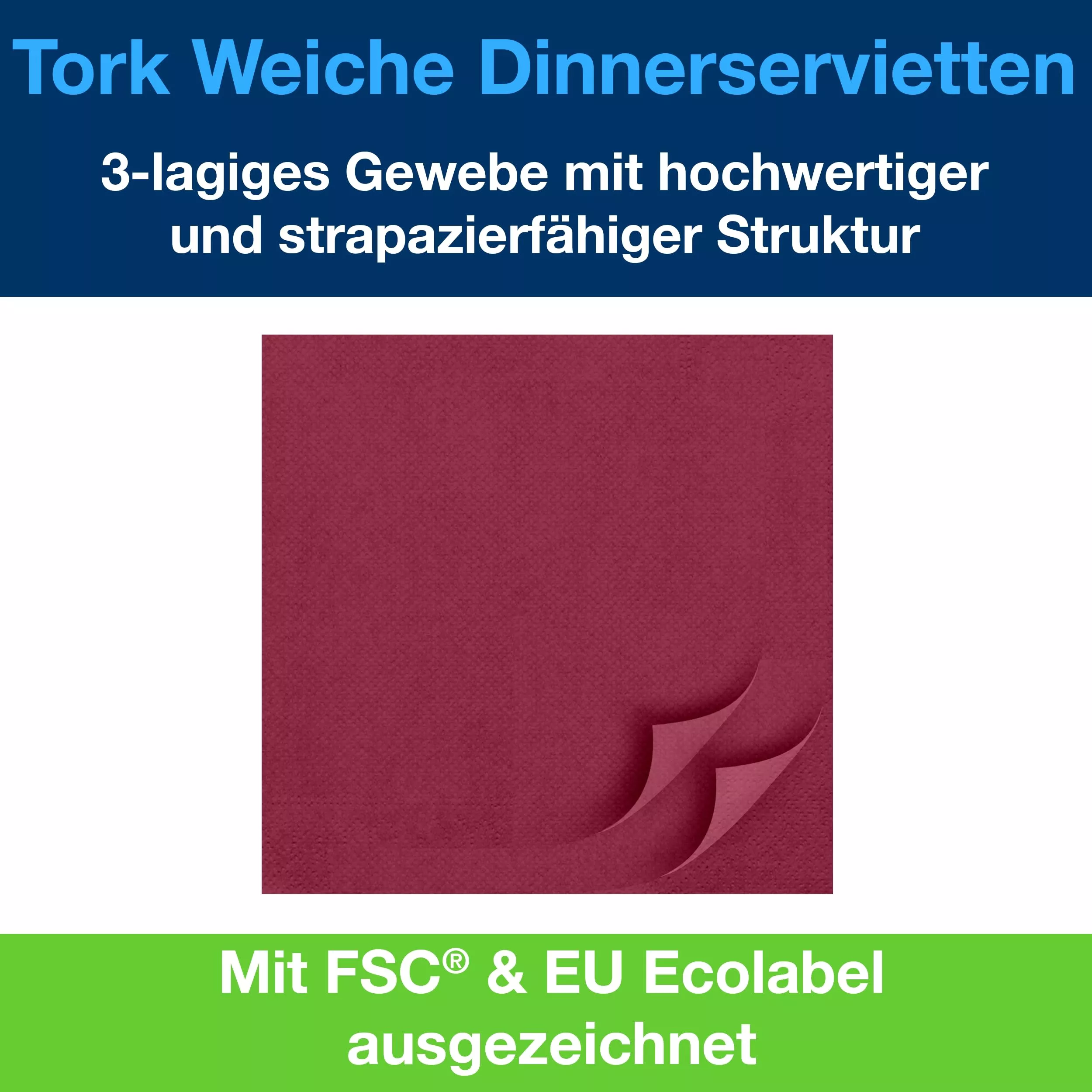 Tork Soft Dinnerservietten Bordeauxrot, 1/8‑Falz, 3‑lagig, 39 cm × 39 cm, 12 × 100 Servietten, 477618