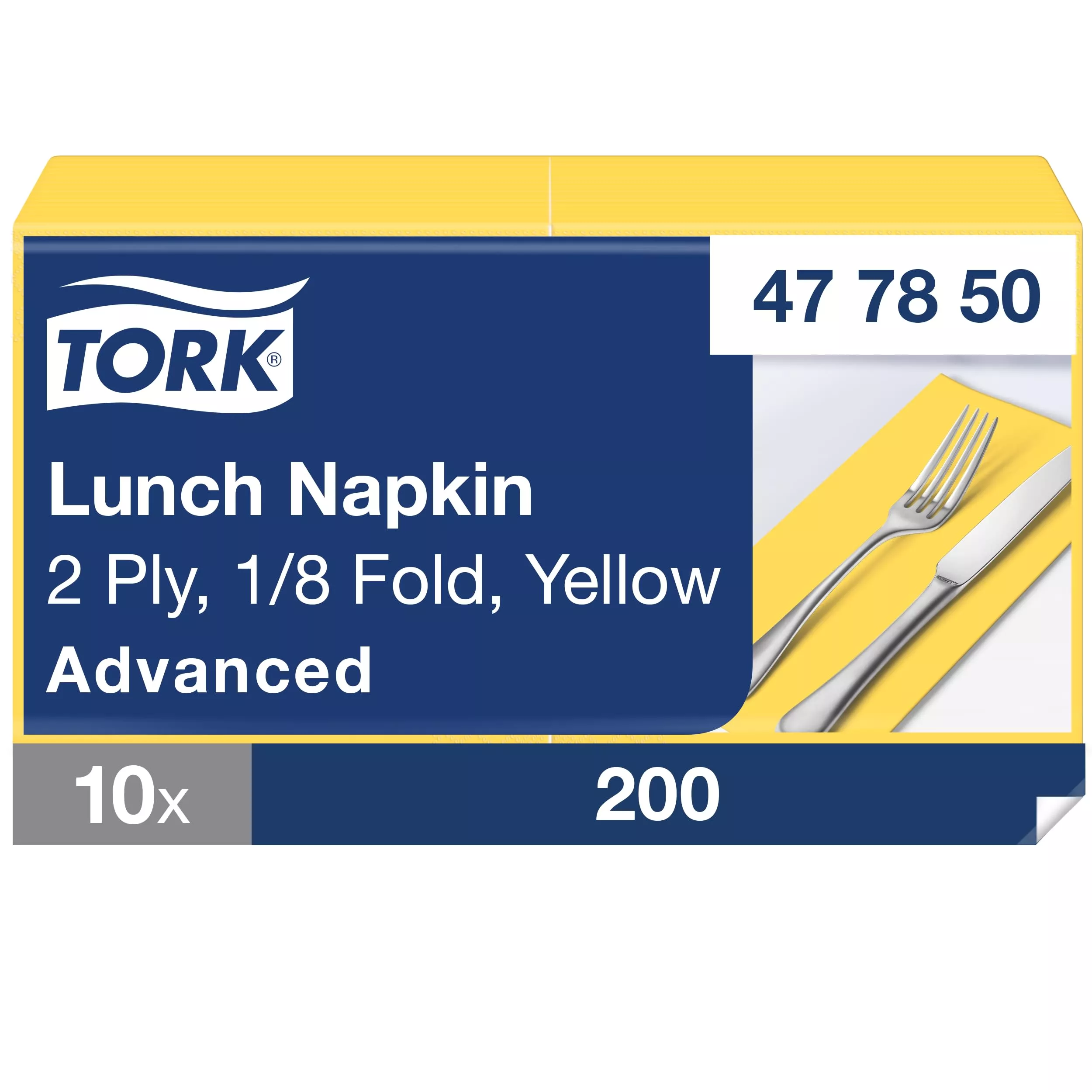 Tork Lunchserviette Gelb, 1/8-Falz, 2-lagig, 33 cm × 33 cm, 10 × 200 Servietten, 477850