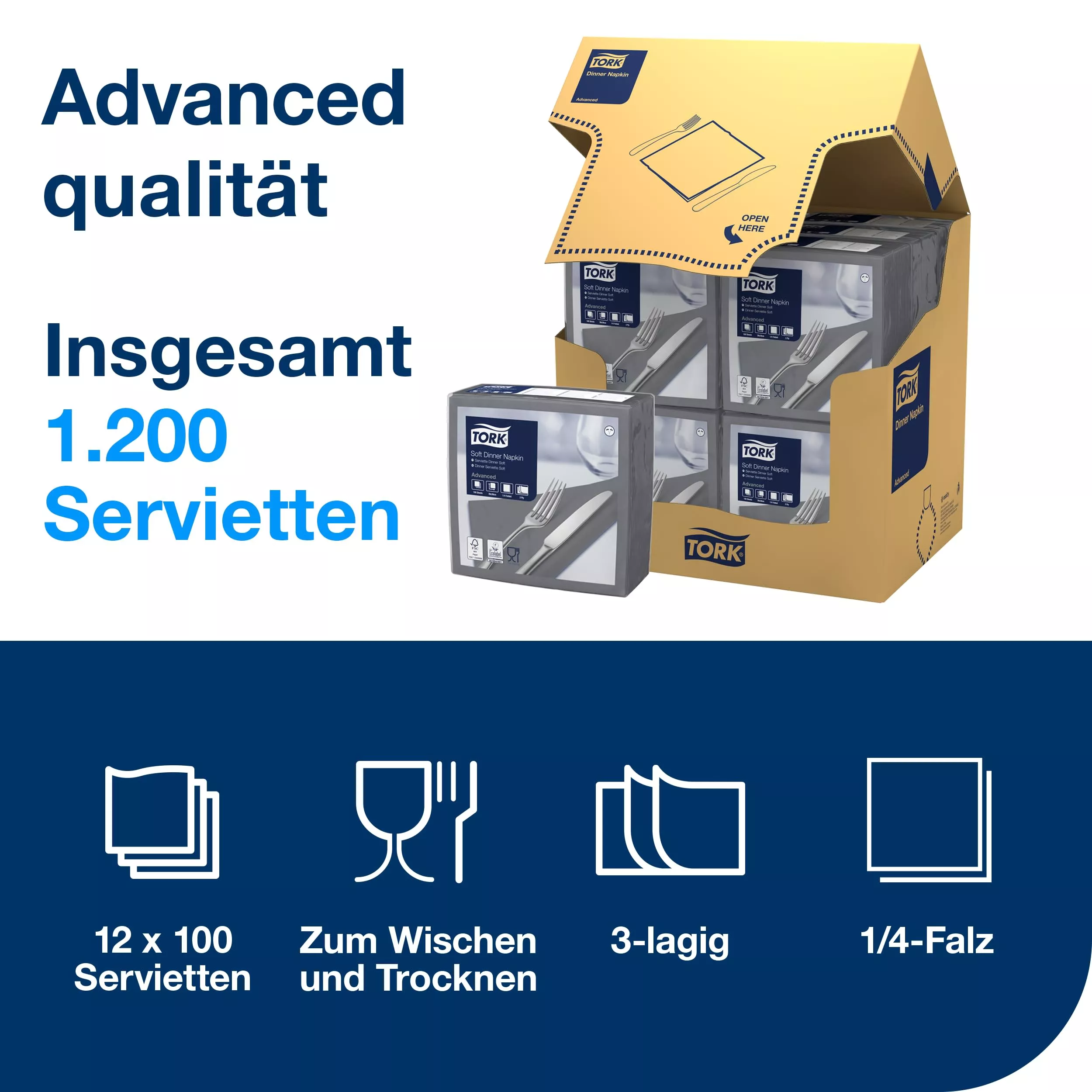 Tork Soft Dinnerservietten Anthrazit, 1/4‑Falz, 3‑lagig, 40 cm × 39 cm, 12 × 100 Servietten, 509401