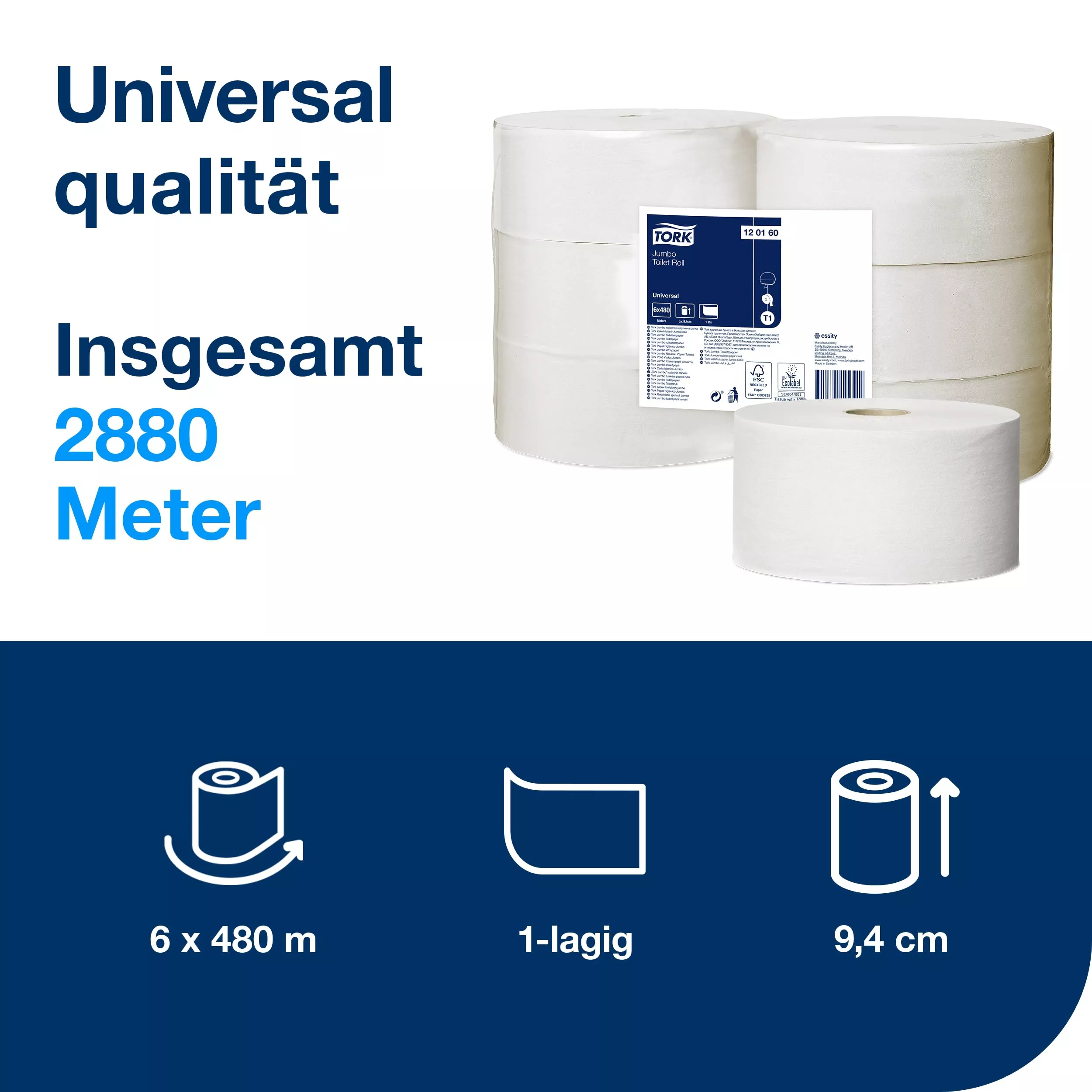 Tork Jumbo Toilettenpapier Natur T1, Universal, 1‑lagig, 6 × 480 m, 120160