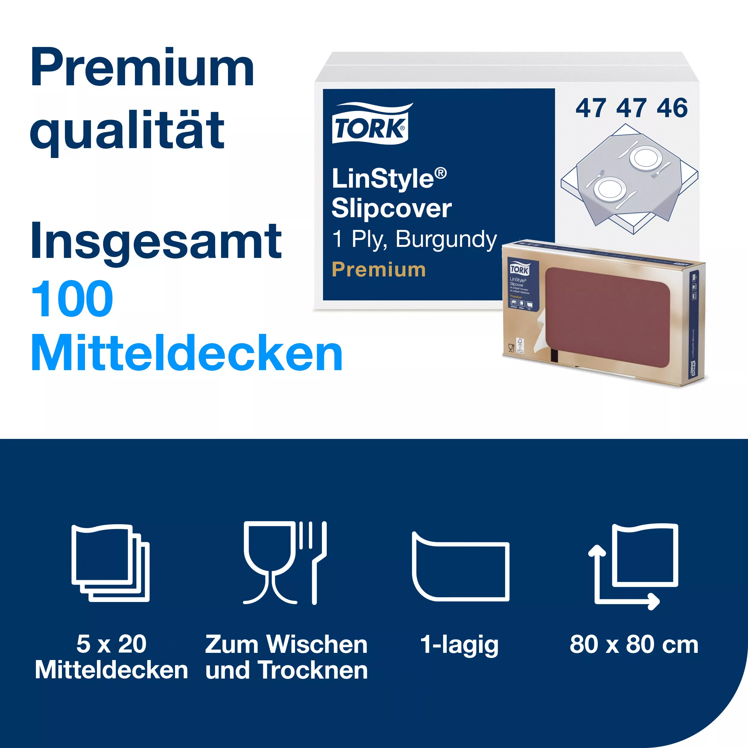 Tork LinStyle® Mitteldecke Bordeauxrot, robust, 1-lagig, 80 cm × 80 cm, 5 × 20 Mitteldecken, 474746