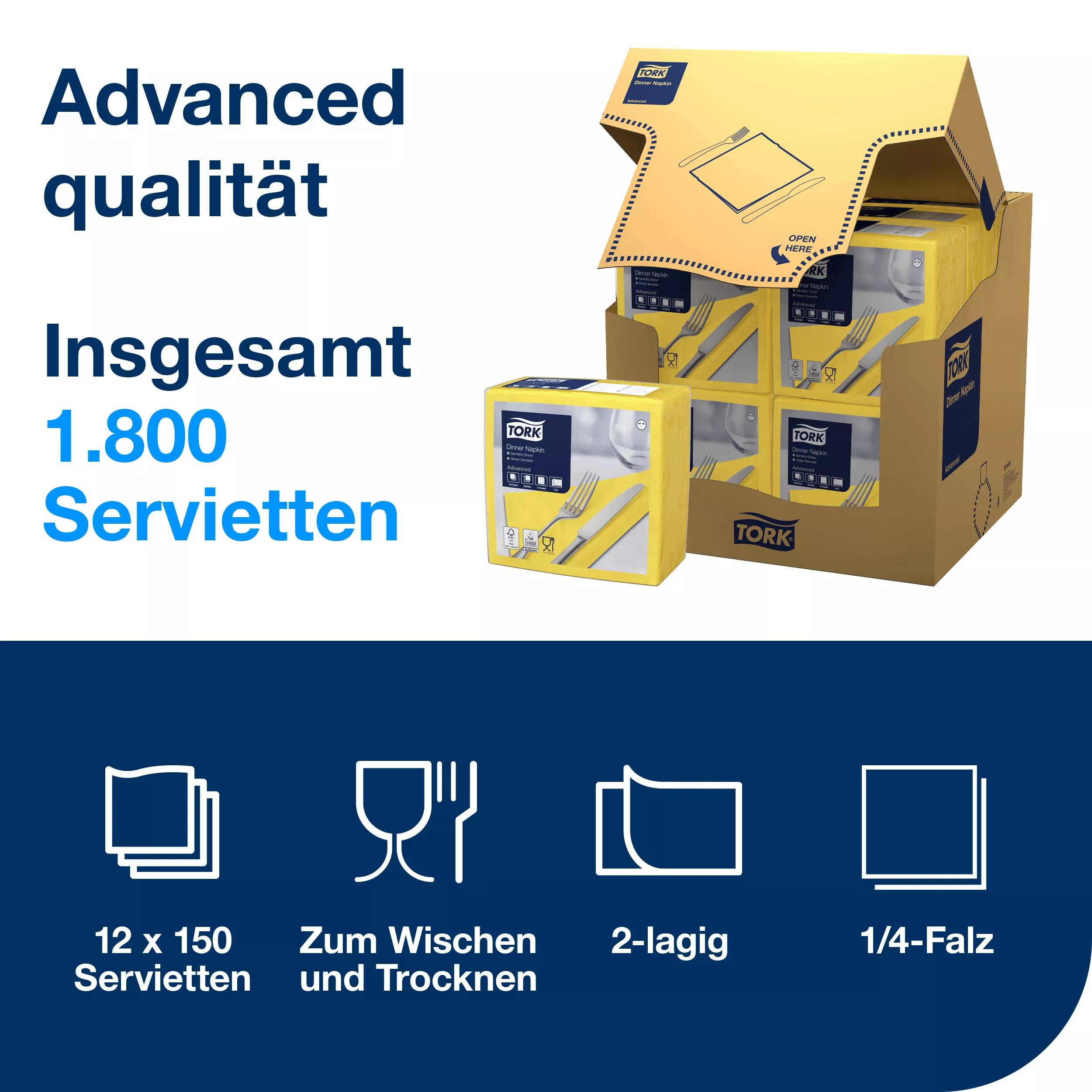 Tork Dinnerservietten Gelb, 1/4-Falz, 2‑lagig, 40 cm × 39 cm, 12 × 150 Servietten, 477901