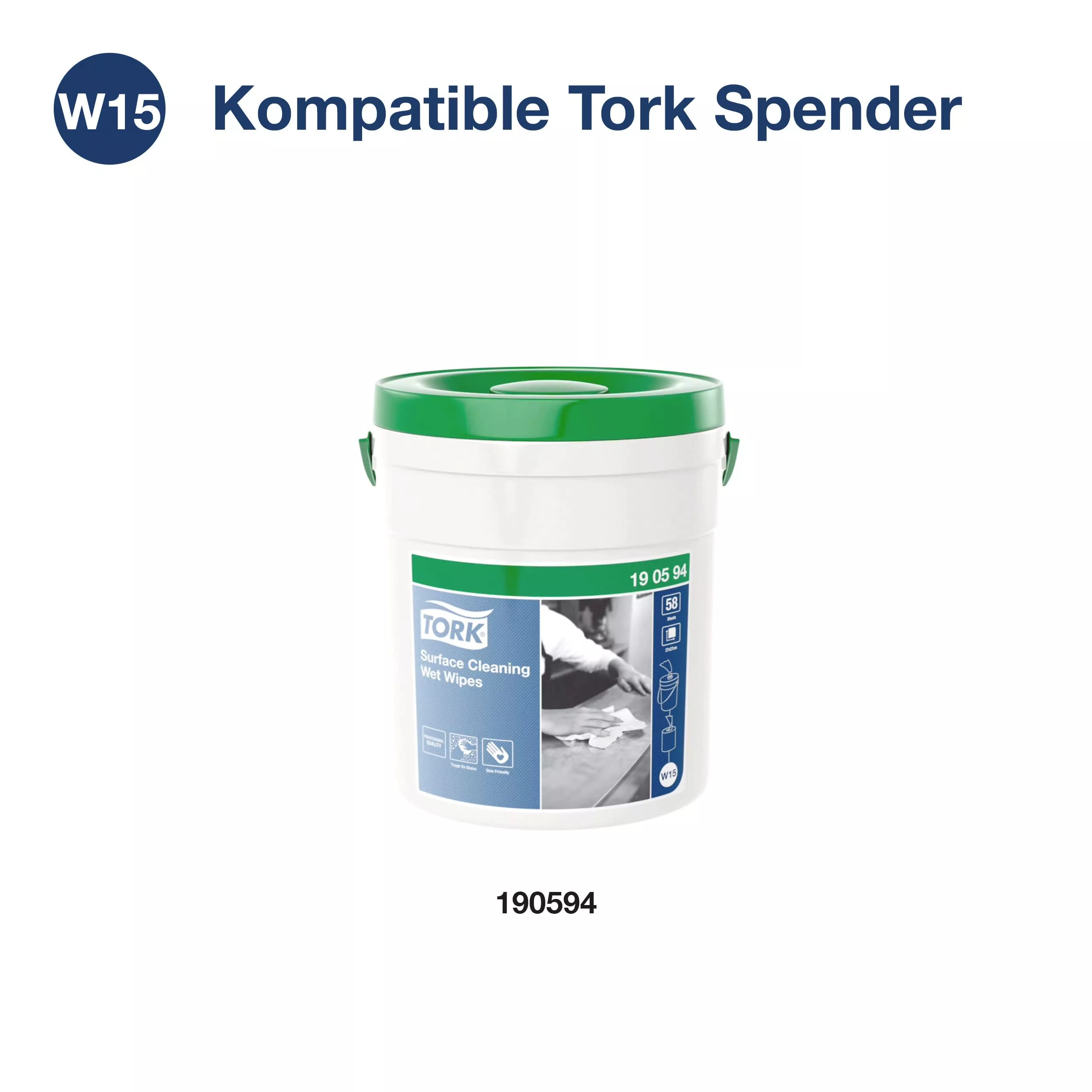 Tork Feuchte Oberflächenreinigungstücher im Spendereimer Weiß W15, Starke Struktur, 4 × 58 Tücher, 190594