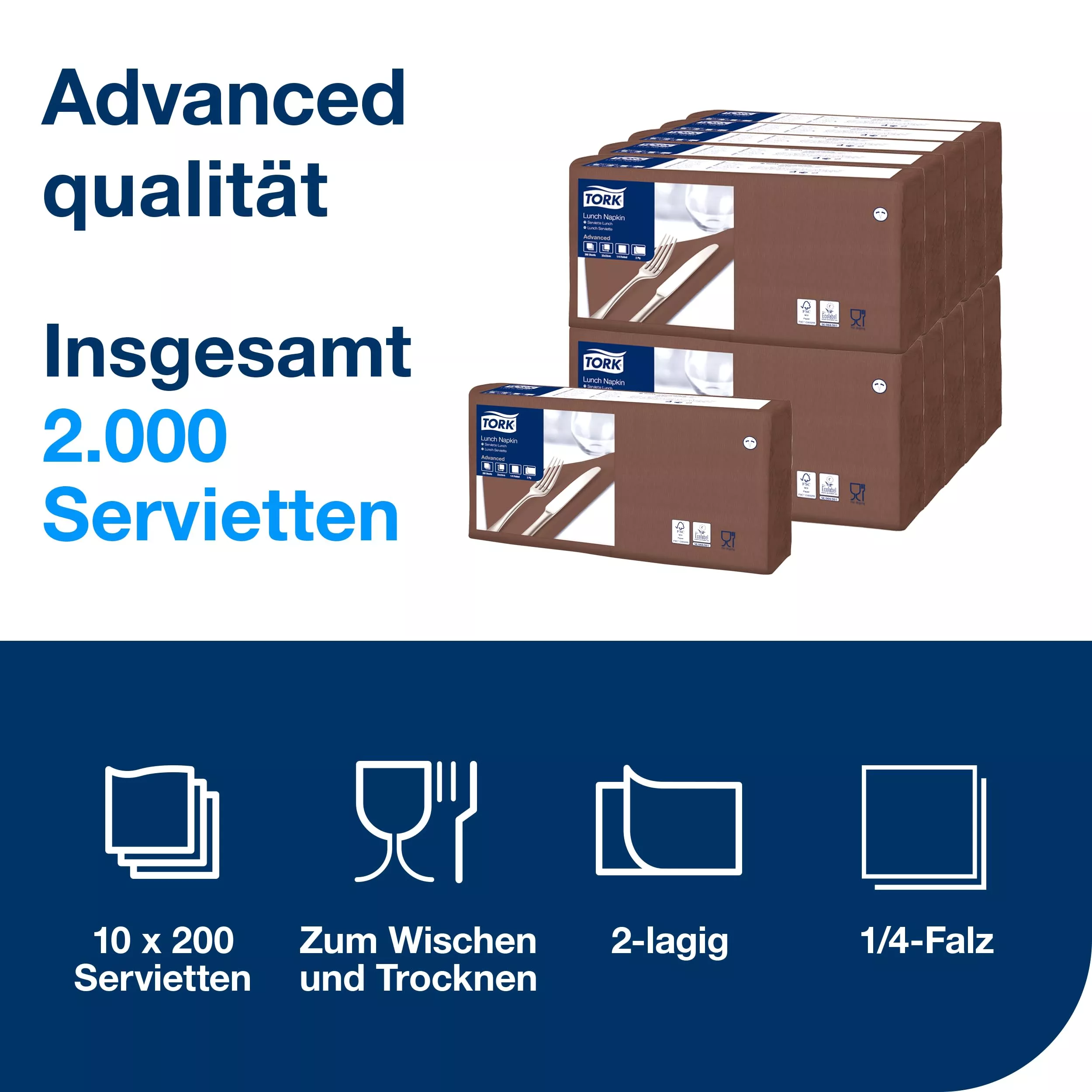 Tork Lunchserviette Braun, 1/4-Falz, 2-lagig, 33 cm × 33 cm, 10 × 200 Servietten, 477208