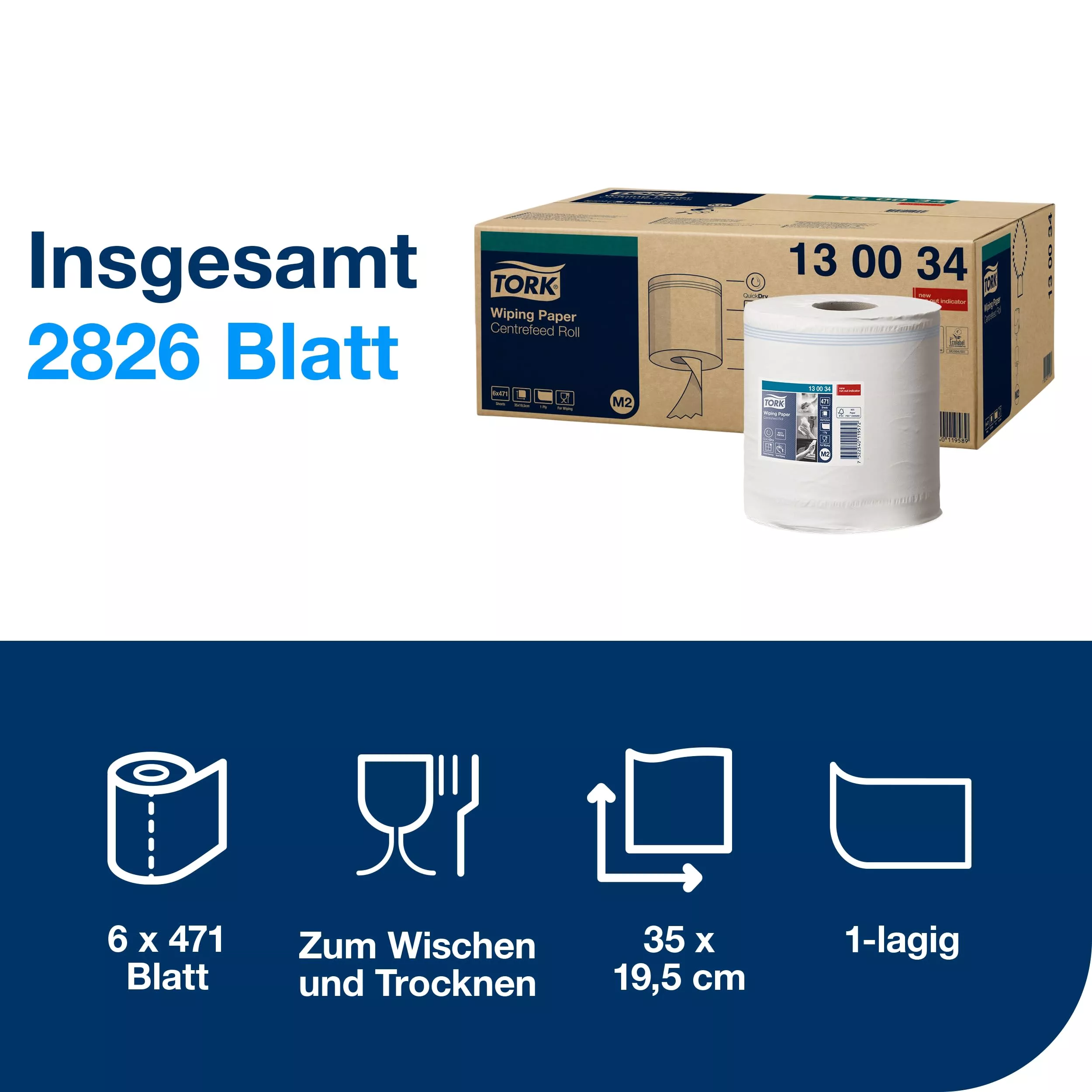 Tork Innenabrollungs-Papierwischtücher Weiß M2, Saugfähig, 6 × 471 Blatt, 130034