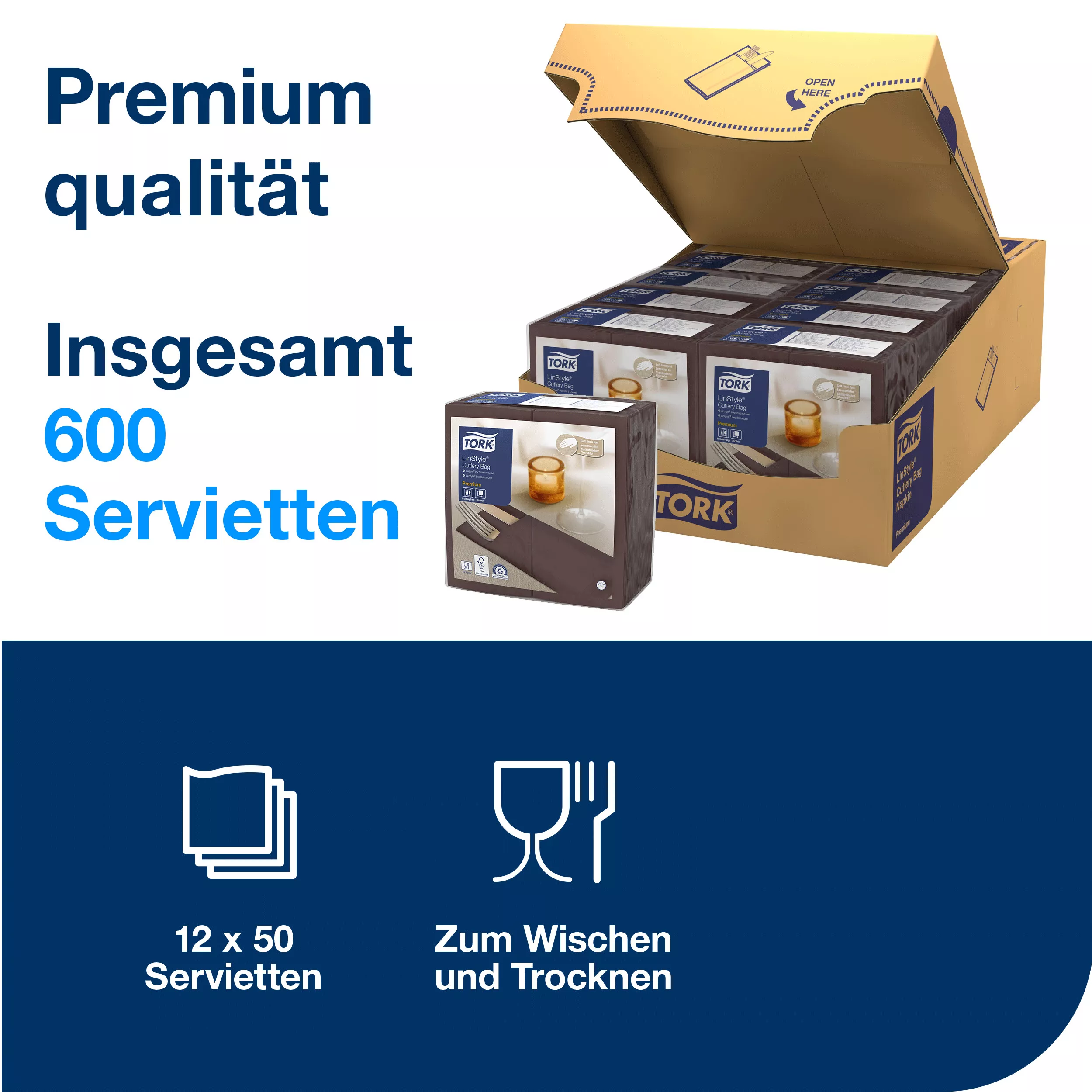 Tork LinStyle® Bestecktaschen Kakao, strapazierfähig, 39 cm × 39 cm, 6 × 60 Servietten, 509605