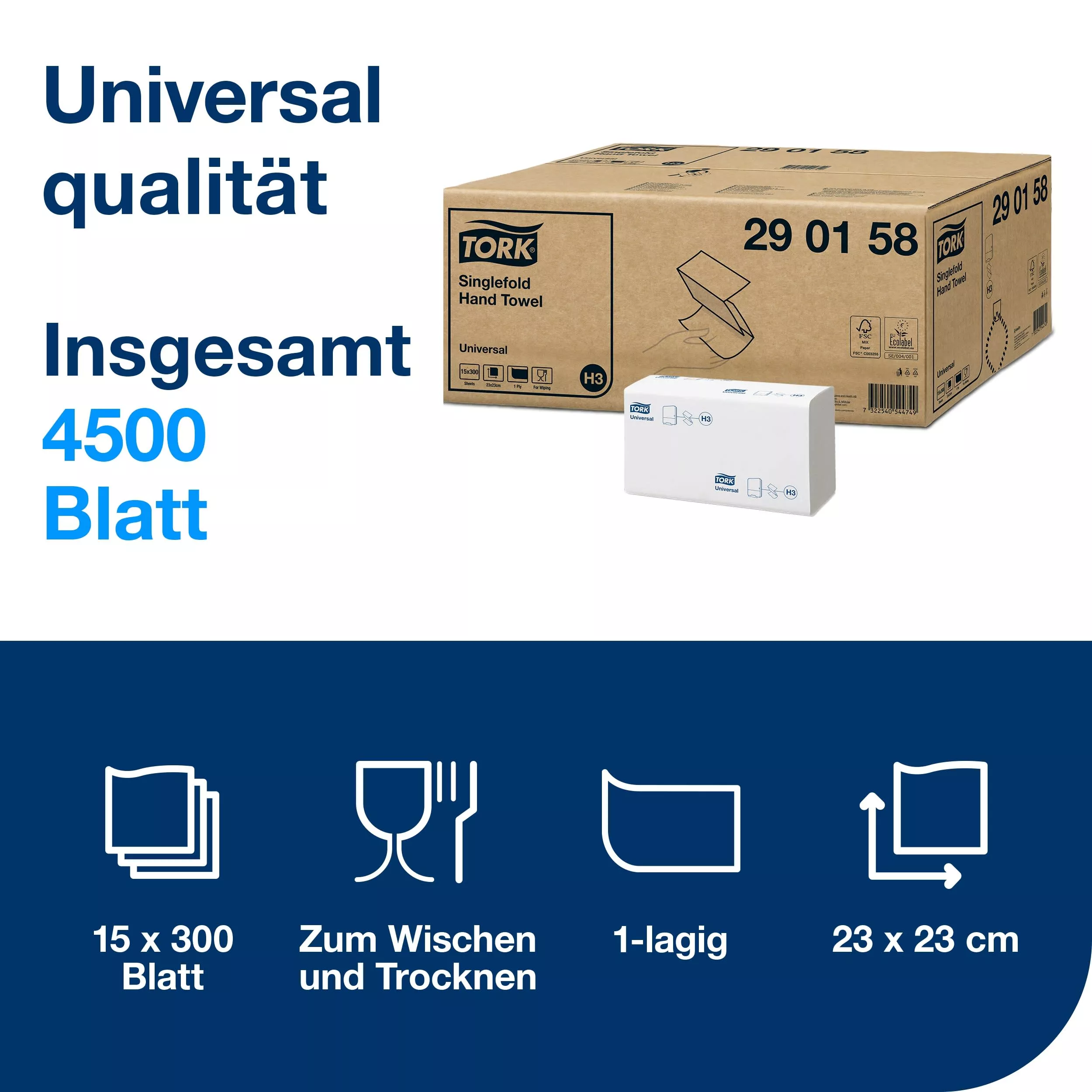 Tork Zickzack-Handtücher Weiß H3, Universal, kosteneffizient, 15 × 300 Tücher, 290158