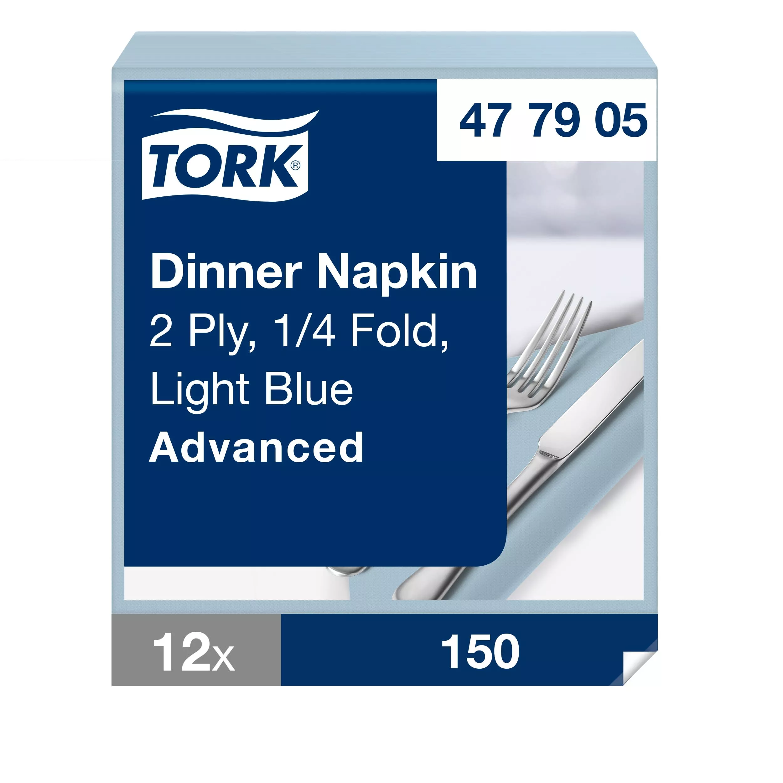 Tork Dinnerservietten Hellblau, 1/4-Falz, 2‑lagig, 40 cm × 39 cm, 12 × 150 Servietten, 477905