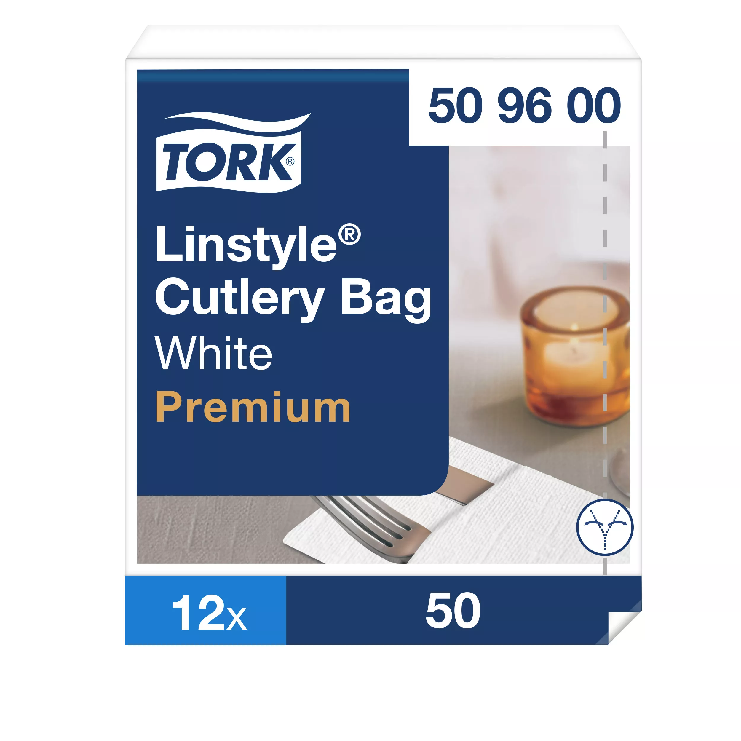 Tork LinStyle® Bestecktaschen Weiß, strapazierfähig, 39 cm × 39 cm, 12 × 50 Servietten, 509600