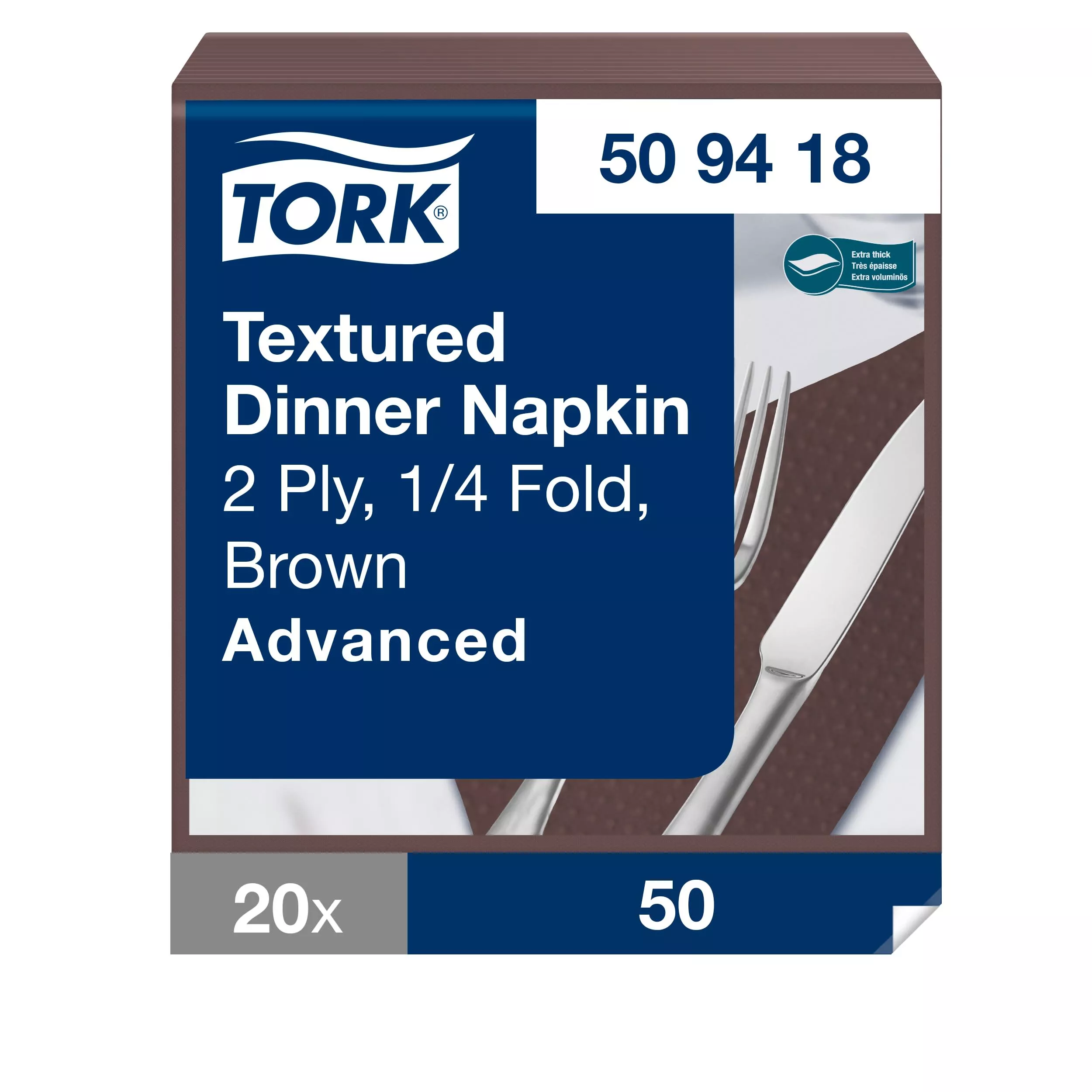 Tork Textured Dinnerservietten Braun, 1/4‑Falz, 2‑lagig, 38 cm × 39 cm, 20 × 50 Servietten, 509418