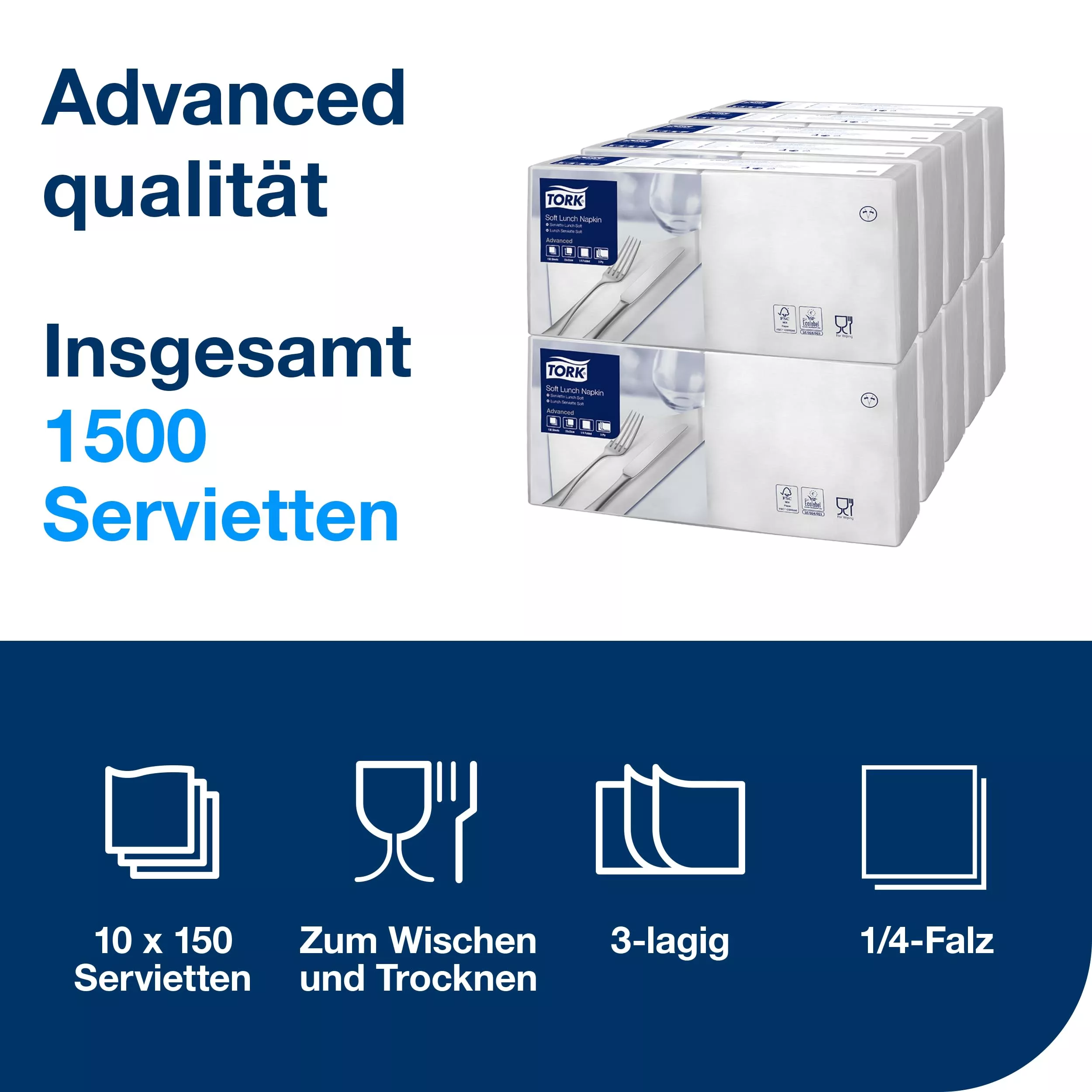 Tork Soft Lunchservietten Weiß, 1/4-Falz, 3-lagig, 33 cm × 33 cm, 10 × 150 Servietten, 477414