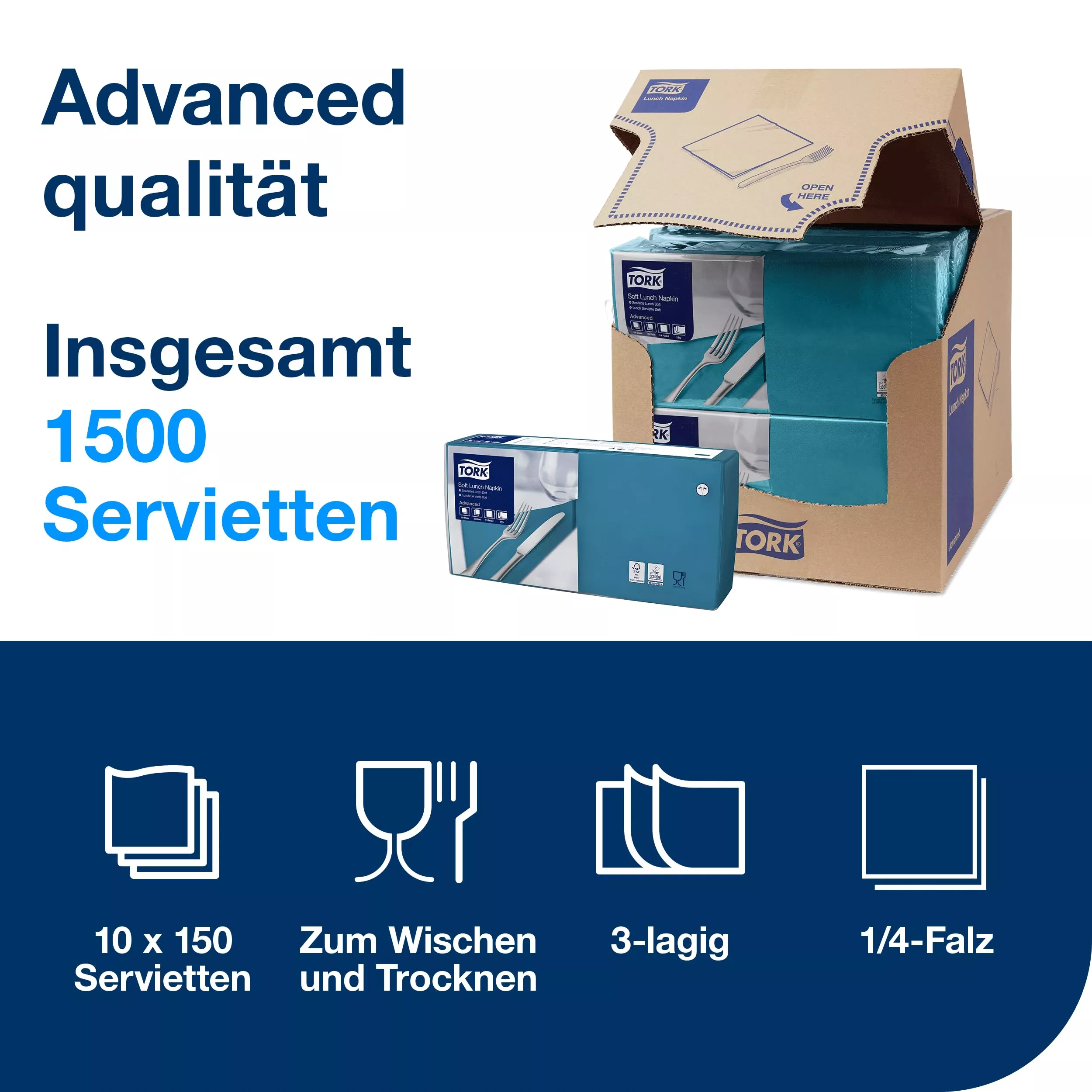 Tork Lunchserviette Blaugrün, 1/4-Falz, 3-lagig, 33 cm × 33 cm, 10 × 150 Servietten, 477874