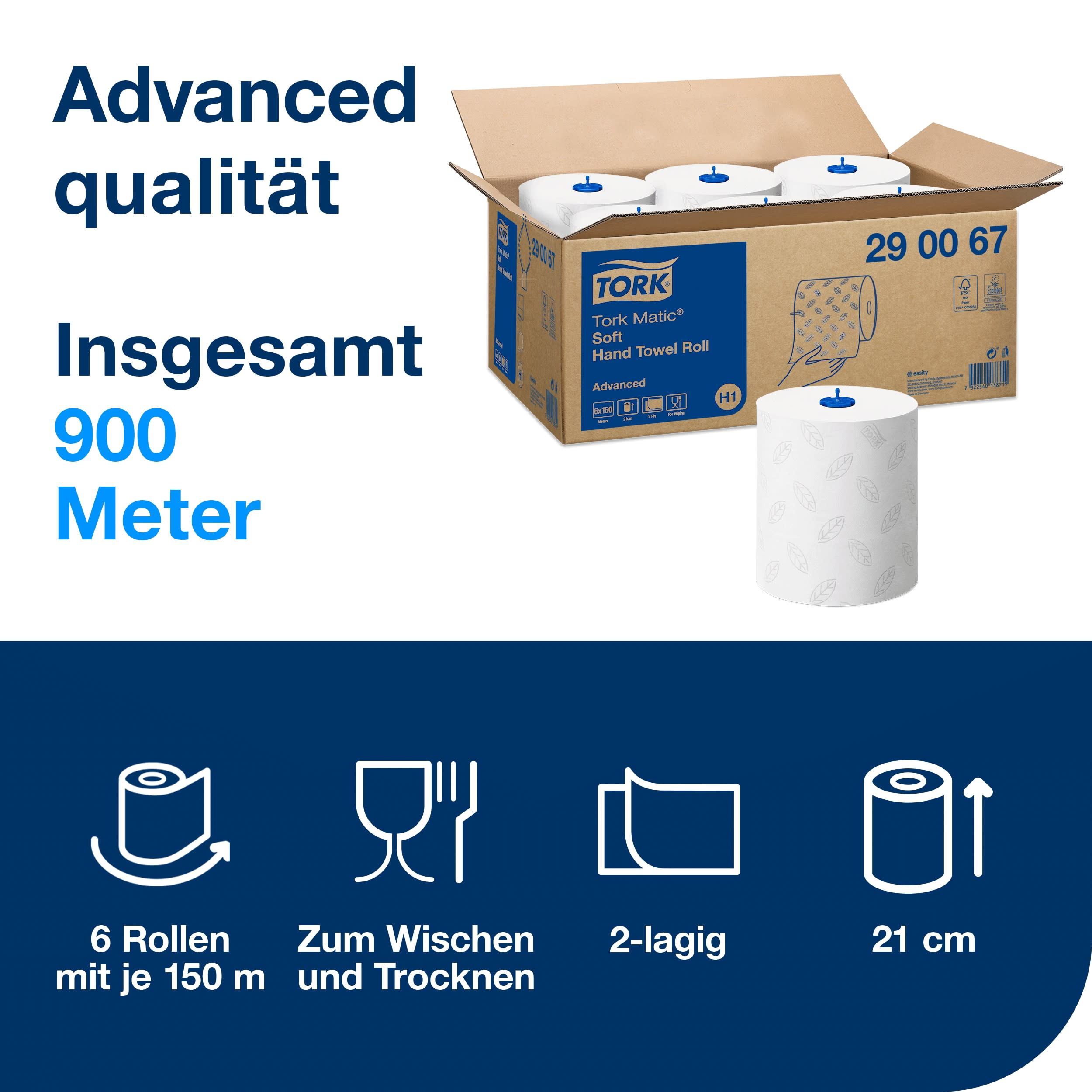 Tork Matic® weiche Papierhandtuchrollen Weiß mit grauem Blätterdesign H1, Advanced-Qualität, saugfähig, 6 Rollen mit je 150 m, 290067