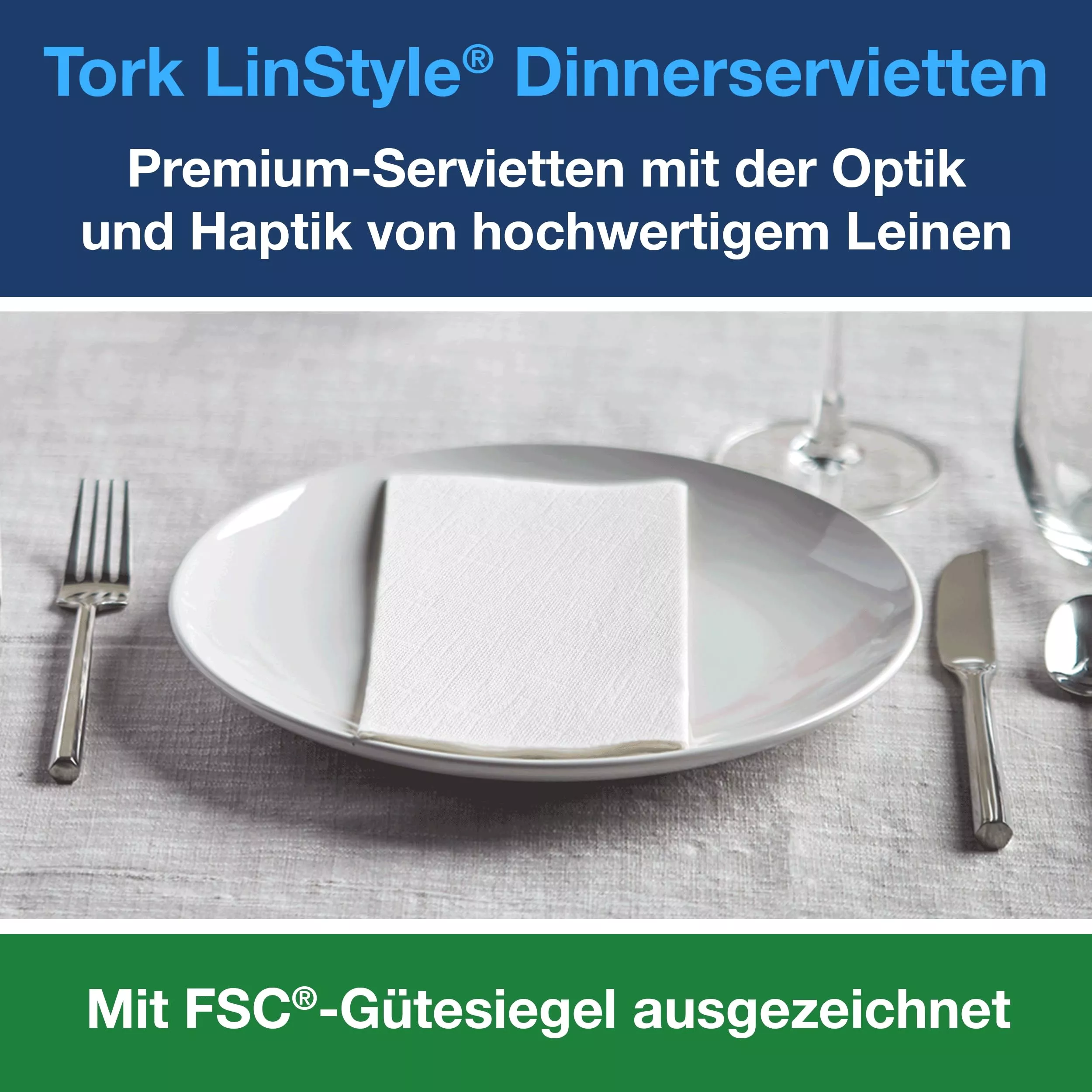 Tork LinStyle® XL-Dinnerservietten Weiß, 1/8‑Falz, 48 cm × 48 cm, 6 × 50 Servietten, 478170