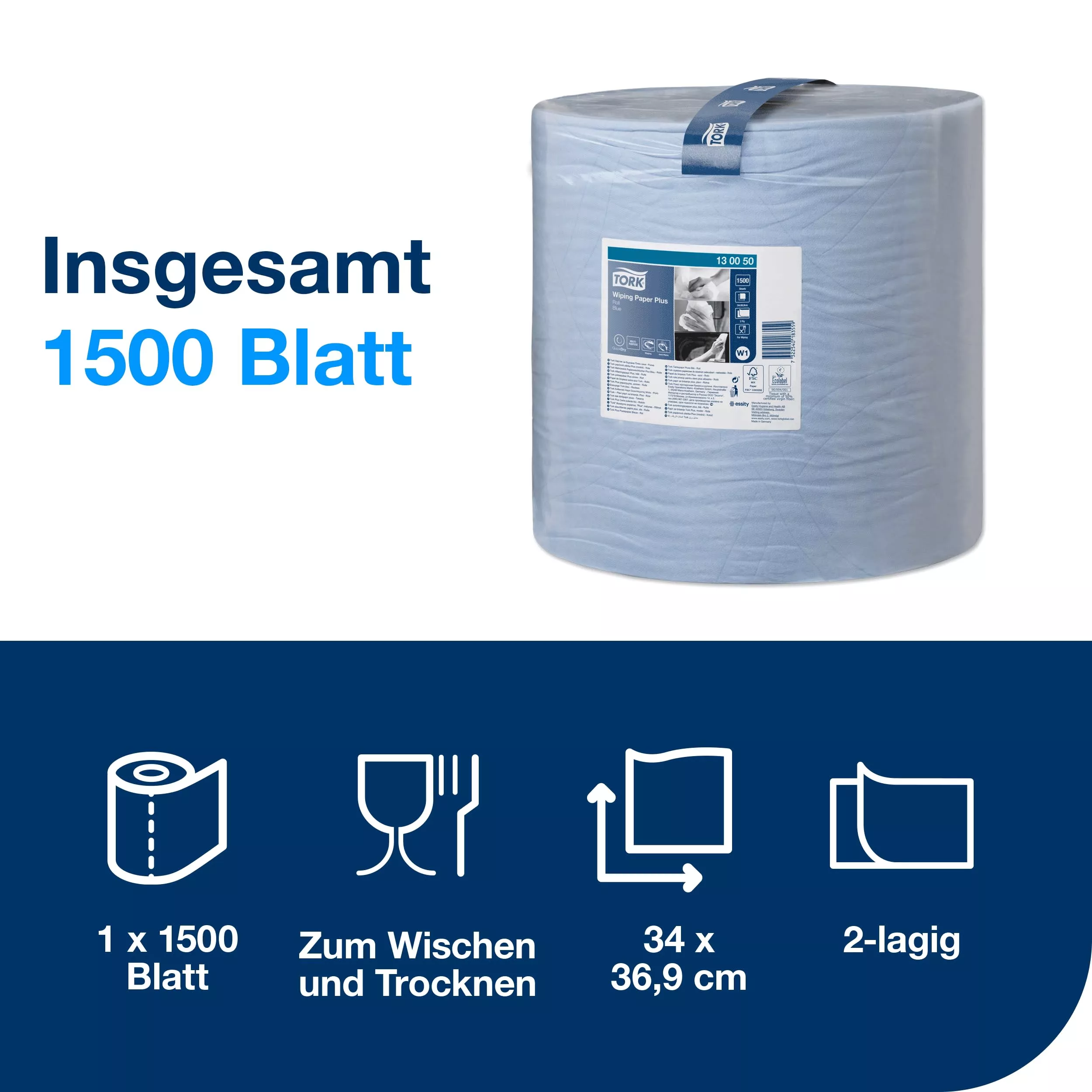 Tork Starke Mehrzweck-Papierwischtücher Blau W1, Saugfähig, 1 × 1.500 Blatt, 130050