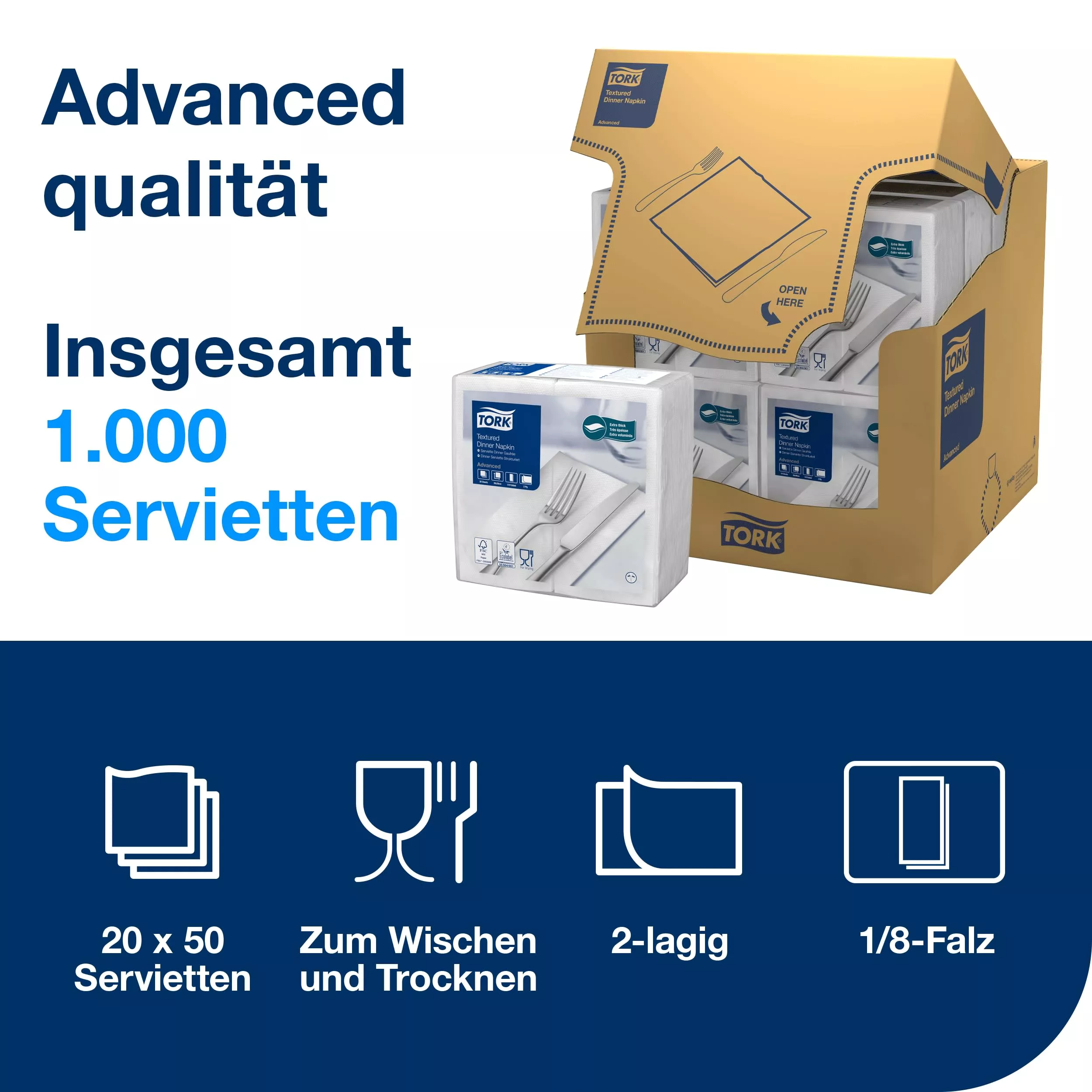 Tork Textured Dinnerserviette Weiß, 1/8-Falz, 2-lagig, 39.5 cm × 39 cm, 20 × 50 Servietten, 509420