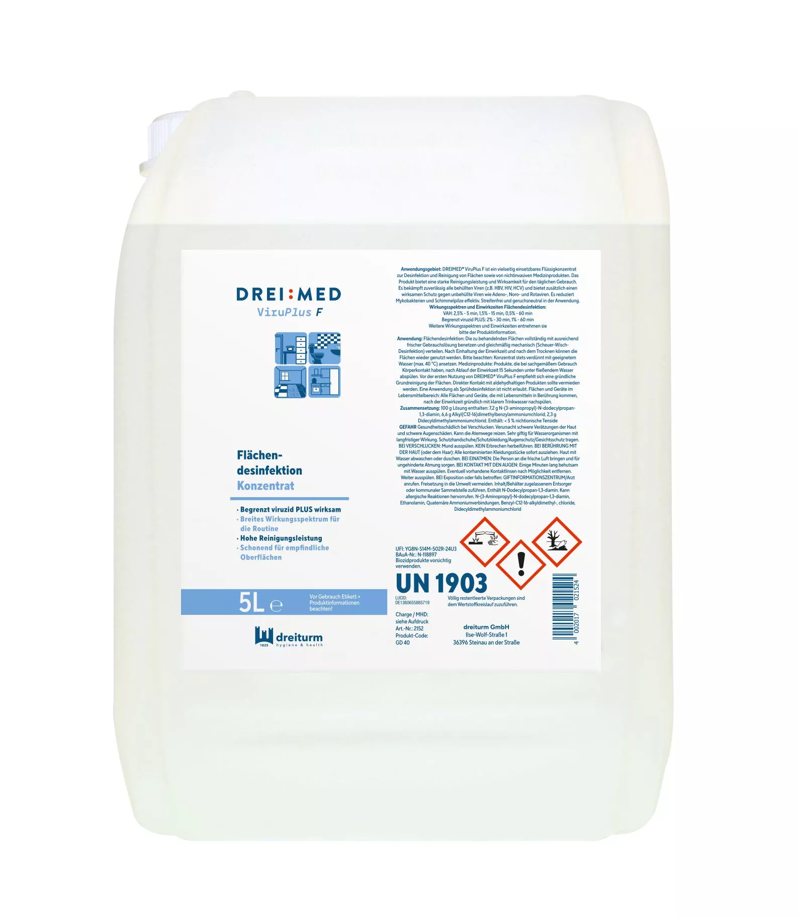 Flächendesinfektionsmittel, Reinigungskonzentrat, 5-Liter-Kanister, weißer Kunststoffkanister, ViruPlus F