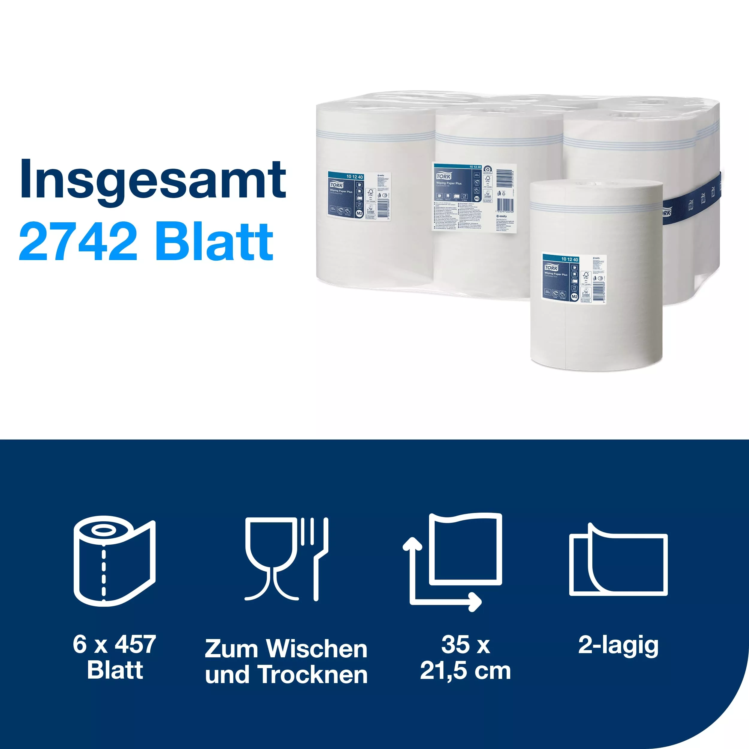 Tork Starke Mehrzweck-Papierwischtücher Weiß M2, Innenabrollung, 6 × 457 Blatt, 101240