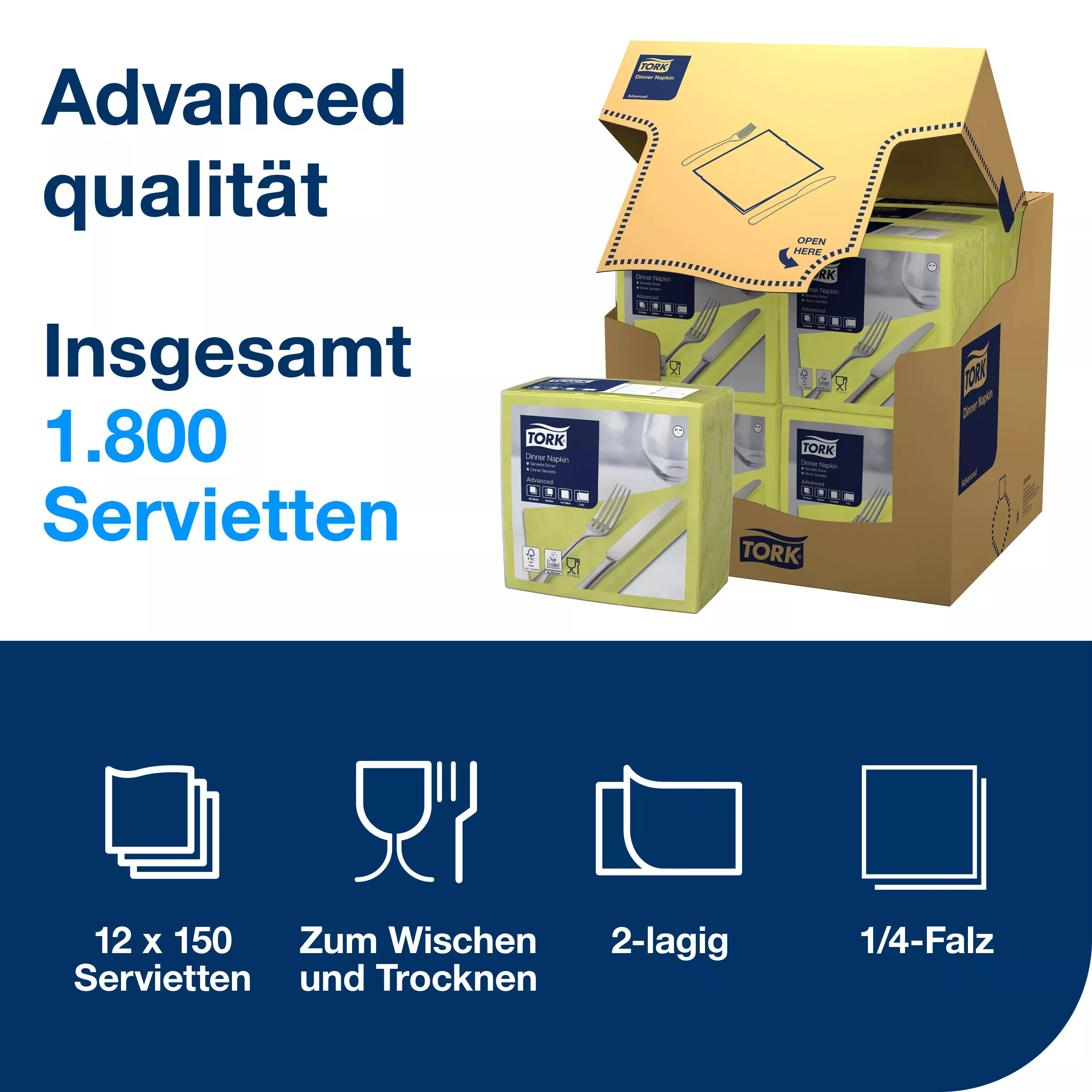 Tork Dinnerservietten Limone, 1/4-Falz, 2‑lagig, 40 cm × 39 cm, 12 × 150 Servietten, 477900