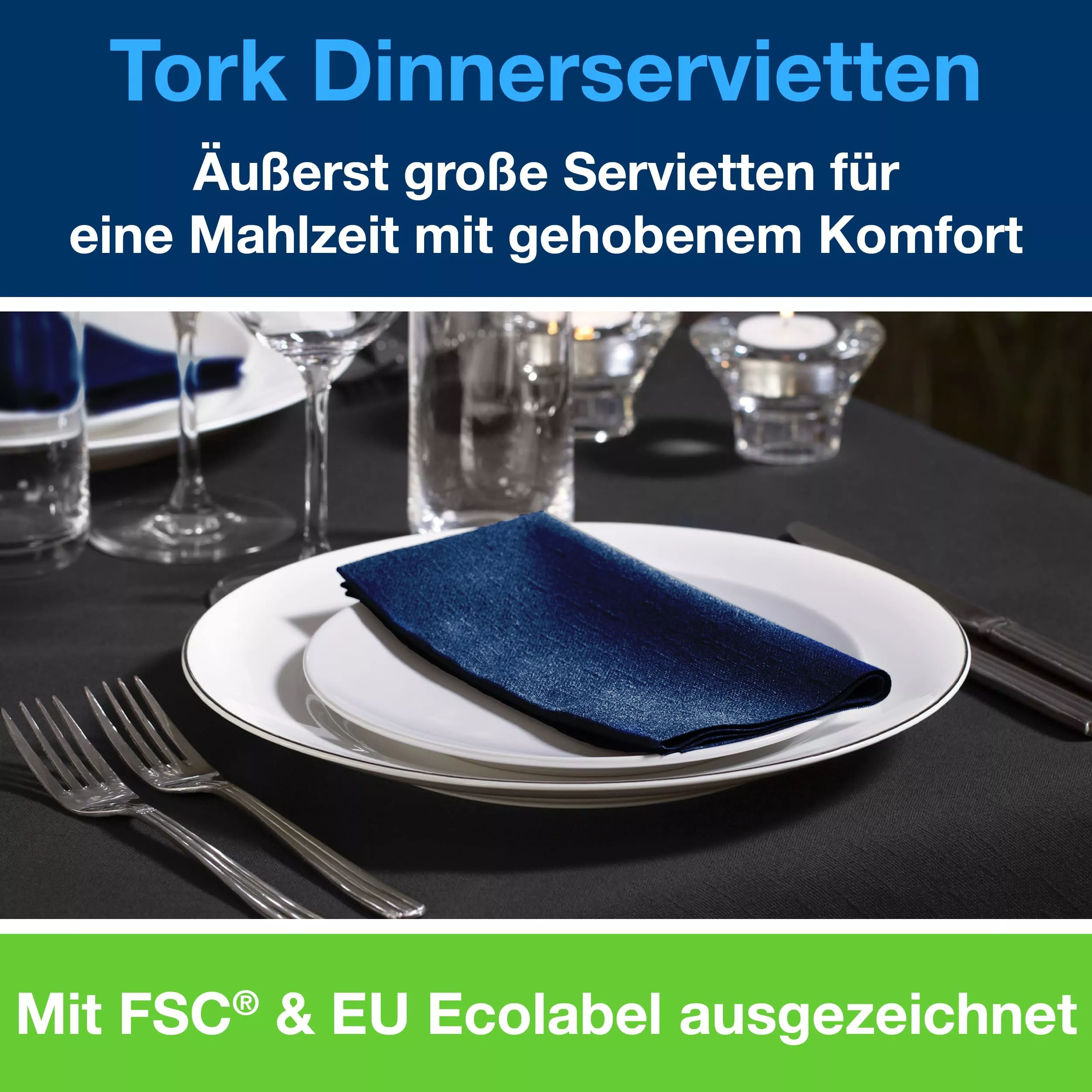 Tork Dinnerservietten Dunkelblau, 1/8‑Falz, 2‑lagig, 39 cm × 39 cm, 12 × 150 Servietten, 470405