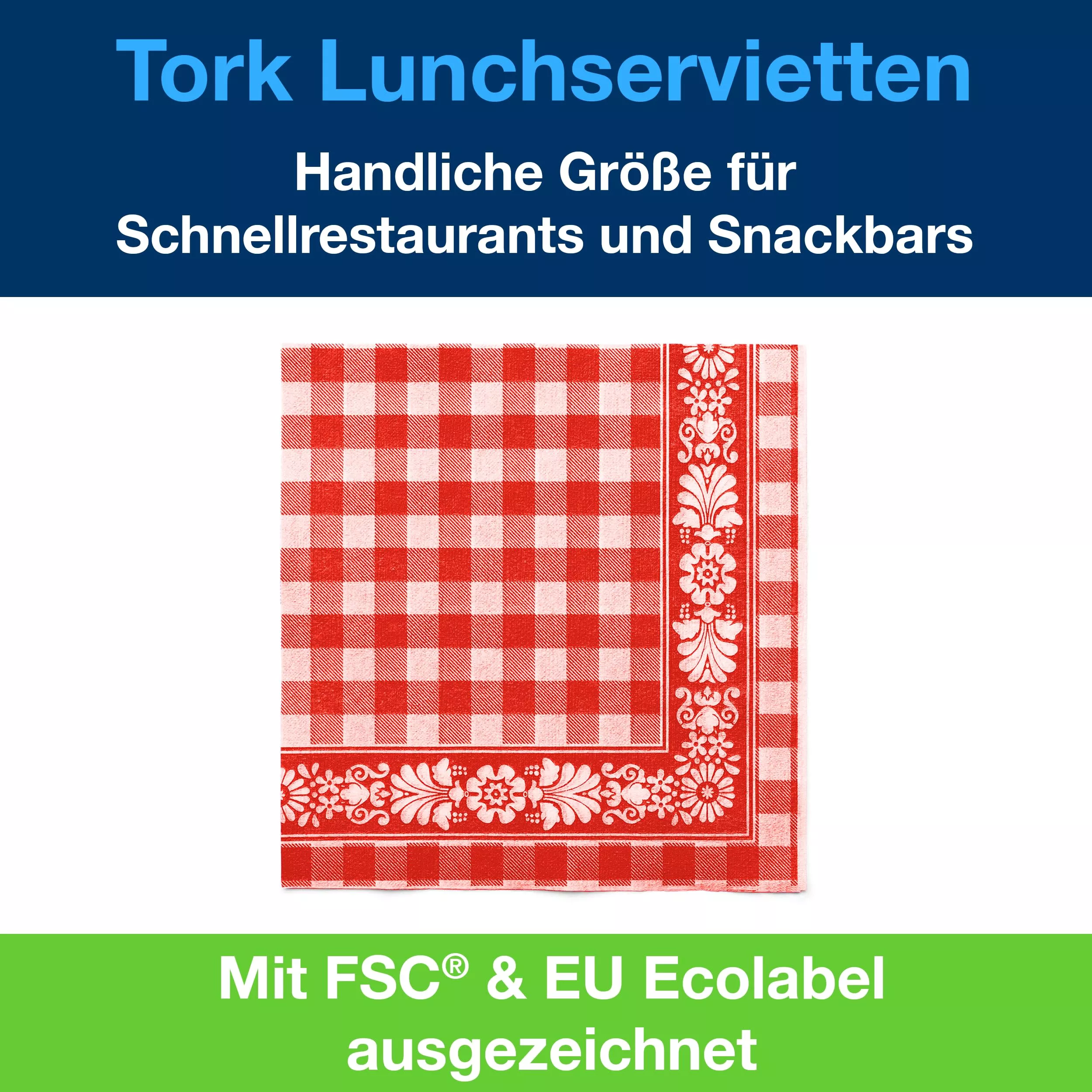 Tork Rotkarierte Lunchserviette, 1/4-Falz, 1-lagig, 33 cm × 33 cm, 8 × 400 Servietten, 509350