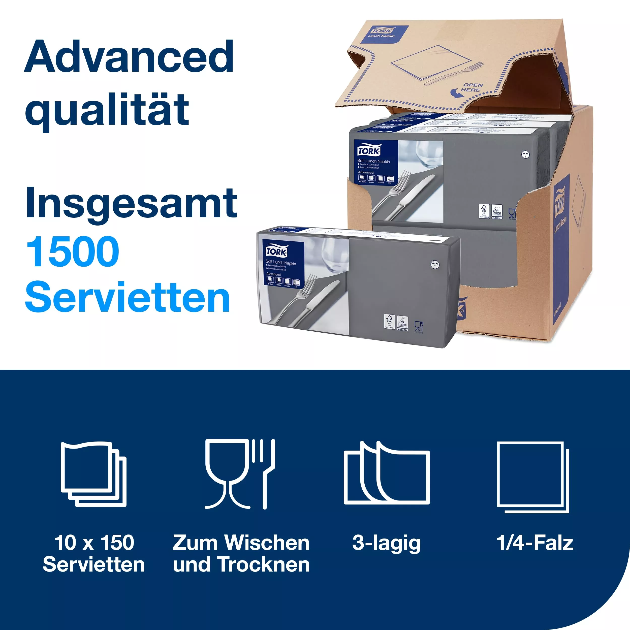 Tork Soft Lunchservietten Anthrazit, 1/4-Falz, 3-lagig, 33 cm × 33 cm, 10 × 150 Servietten, 477848