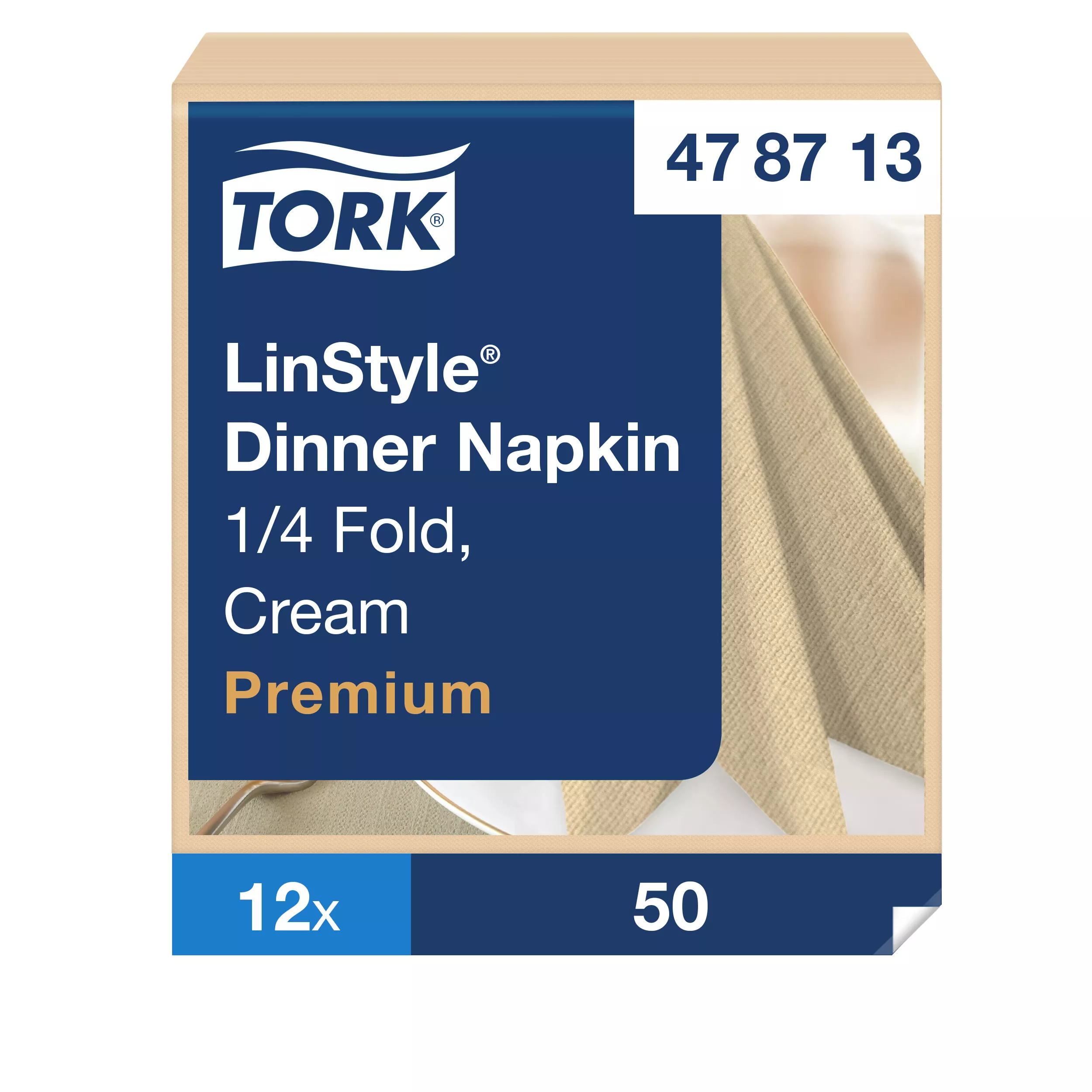 Tork LinStyle® Dinnerservietten Creme, 1/4‑Falz, 39 cm × 39 cm, 12 × 50 Servietten, 478713