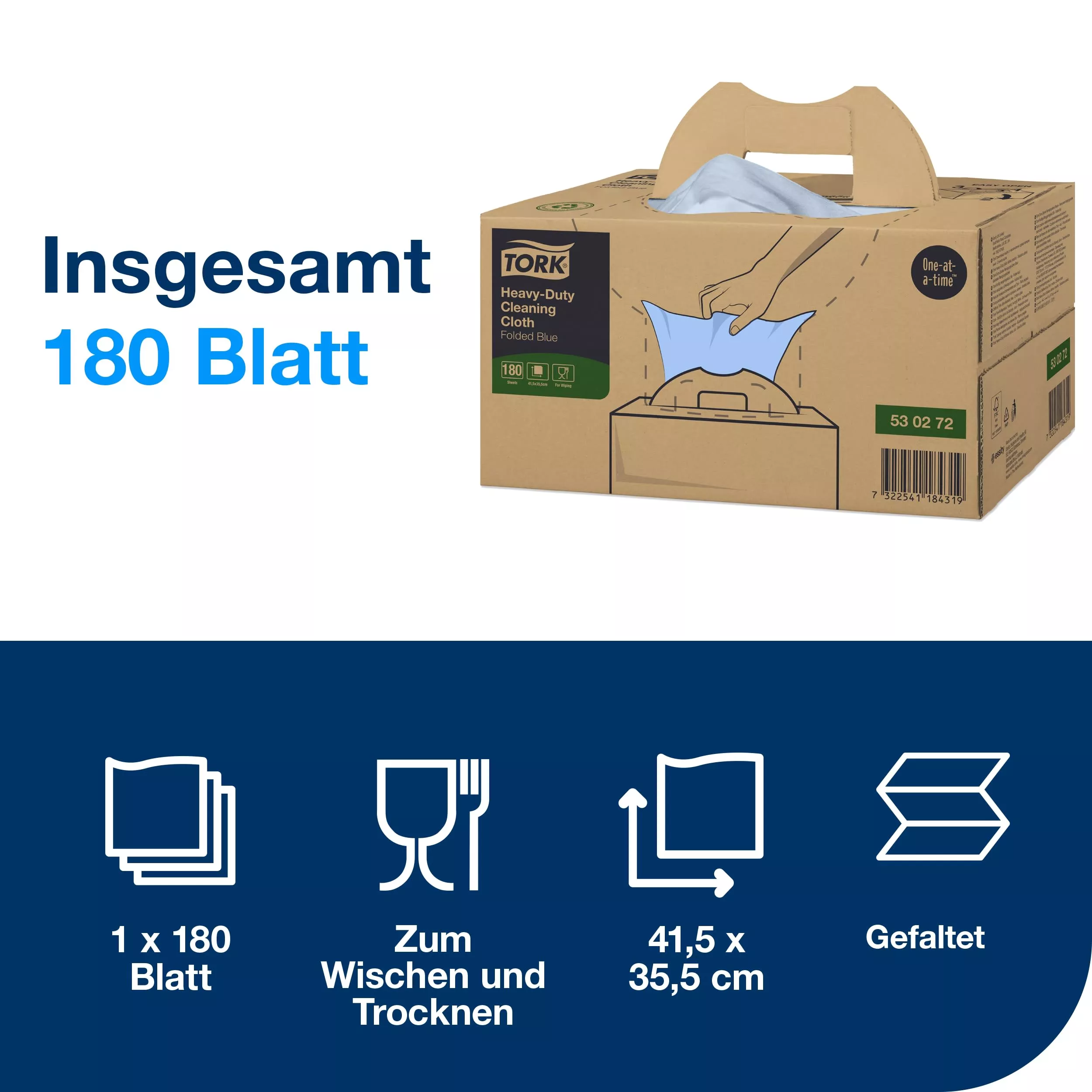 Tork Extra Starke Reinigungstücher Blau W7, Einzeltuchentnahme, 1 × 180 Tücher, 530272