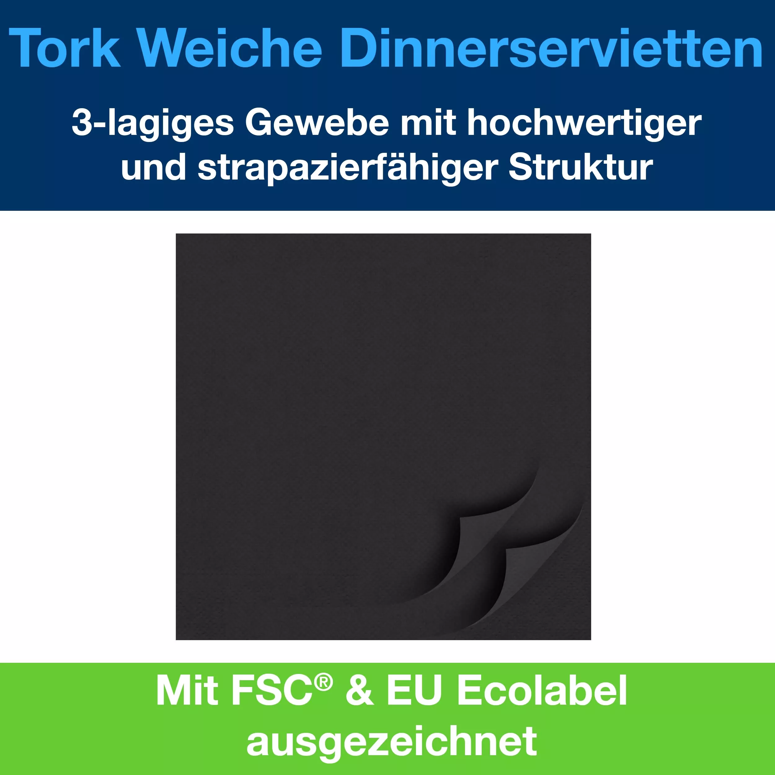 Tork Soft Dinnerservietten Schwarz, 1/8‑Falz, 3‑lagig, 39 cm × 39 cm, 12 × 100 Servietten, 470251