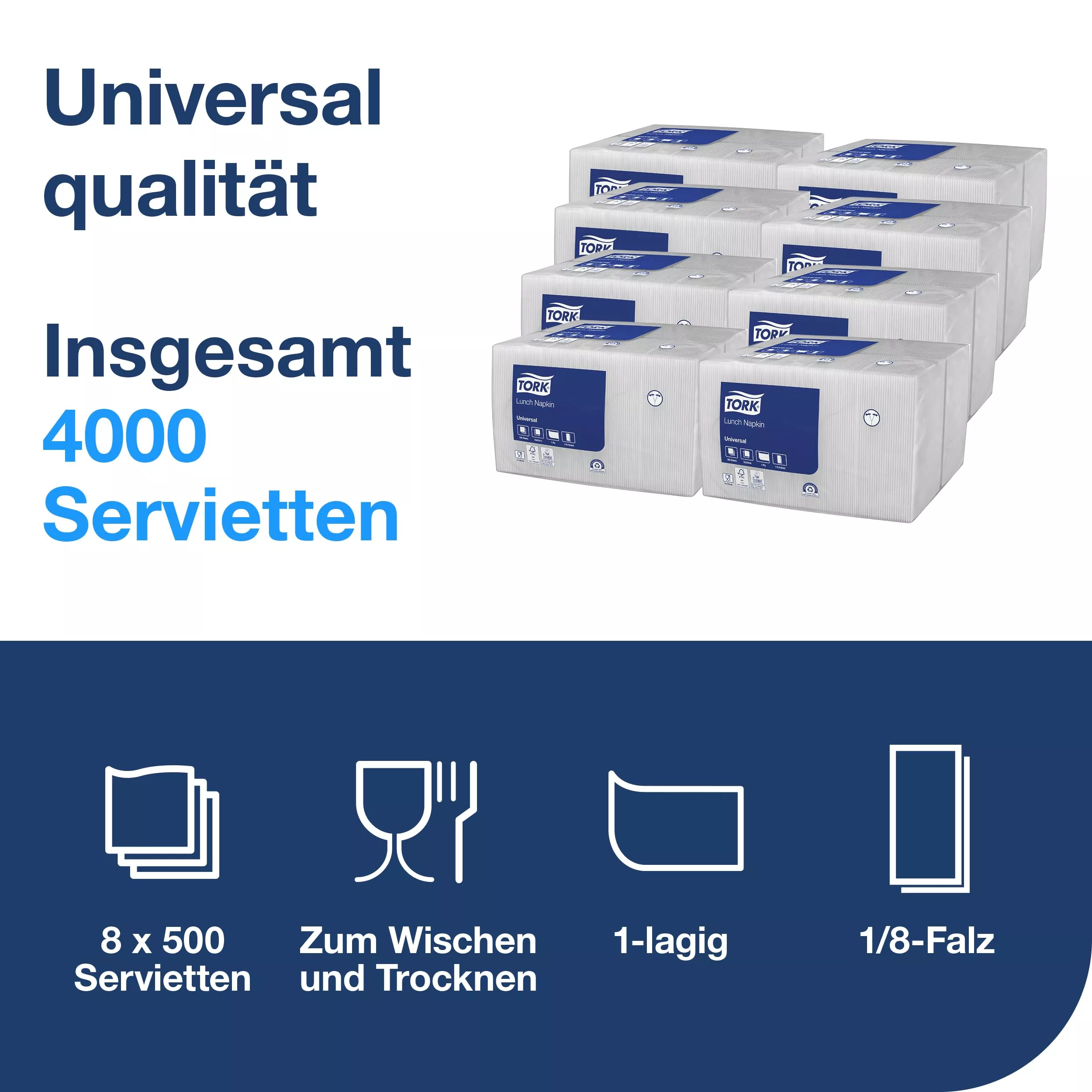 Tork Lunchserviette Weiß, 1/8-Falz, 1-lagig, 32 cm × 32 cm, 8 × 500 Servietten, 509308