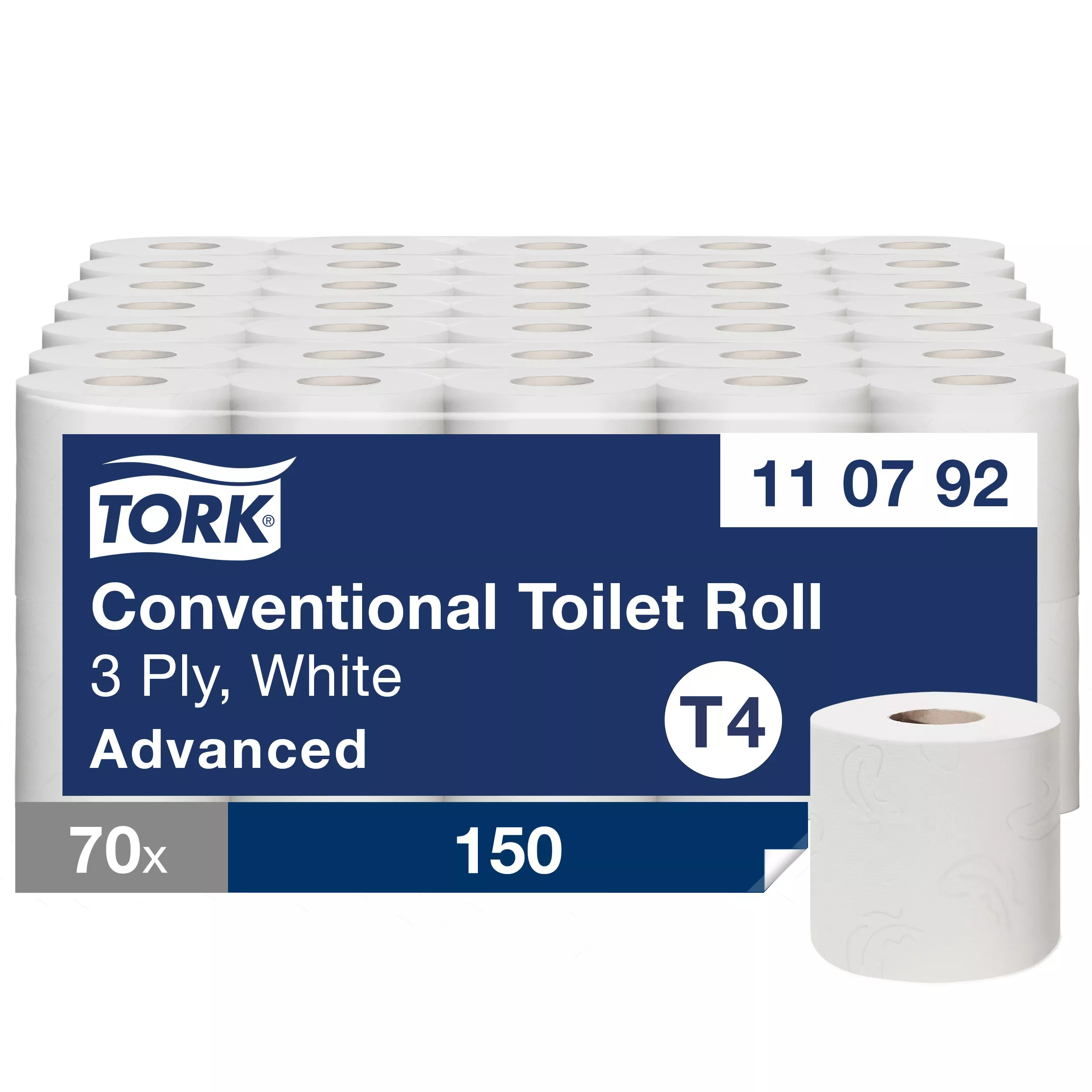 Tork weiches Kleinrollen Toilettenpapier Weiß T4, Advanced, 3-lagig, 70 × 150 Blätter, 110792