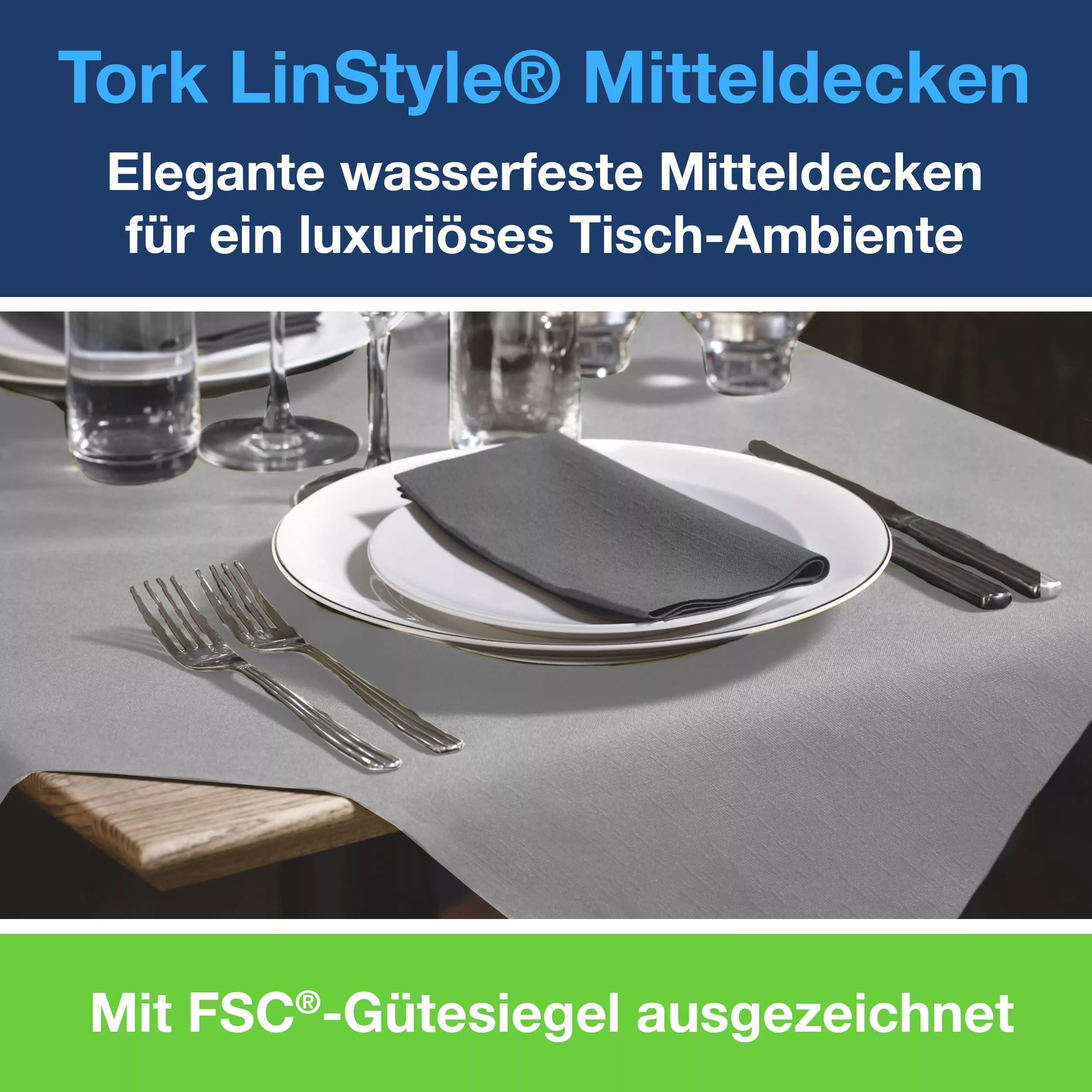 Tork LinStyle® Mitteldecke Grau, robust, 1-lagig, 80 cm × 80 cm, 5 × 20 Mitteldecken, 474742