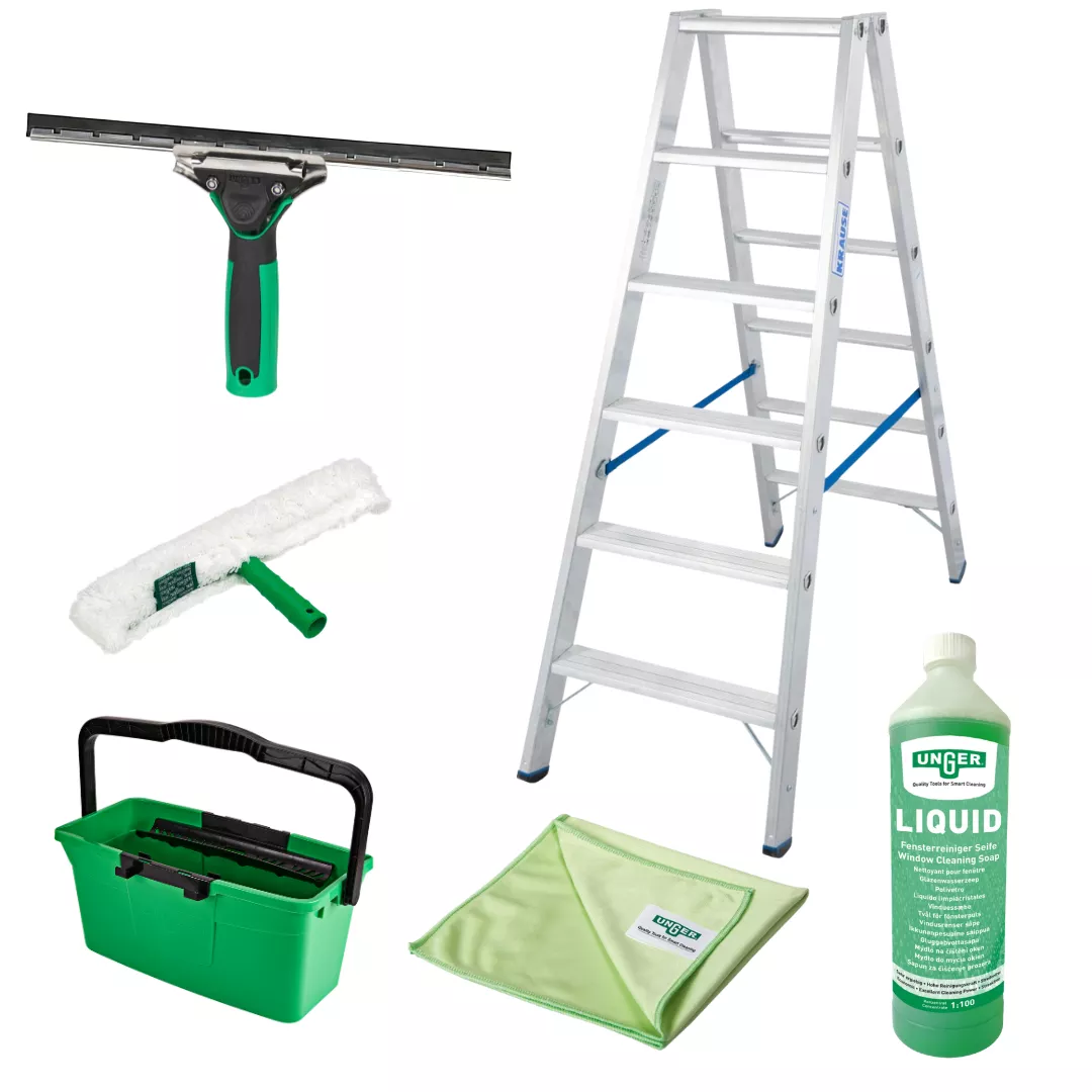 CleanClub SET Unger Fensterreinigung mit Krause Stabilo Leiter – Profi Komplettset inkl. Stufen-Doppelleiter 2x6 Stufen