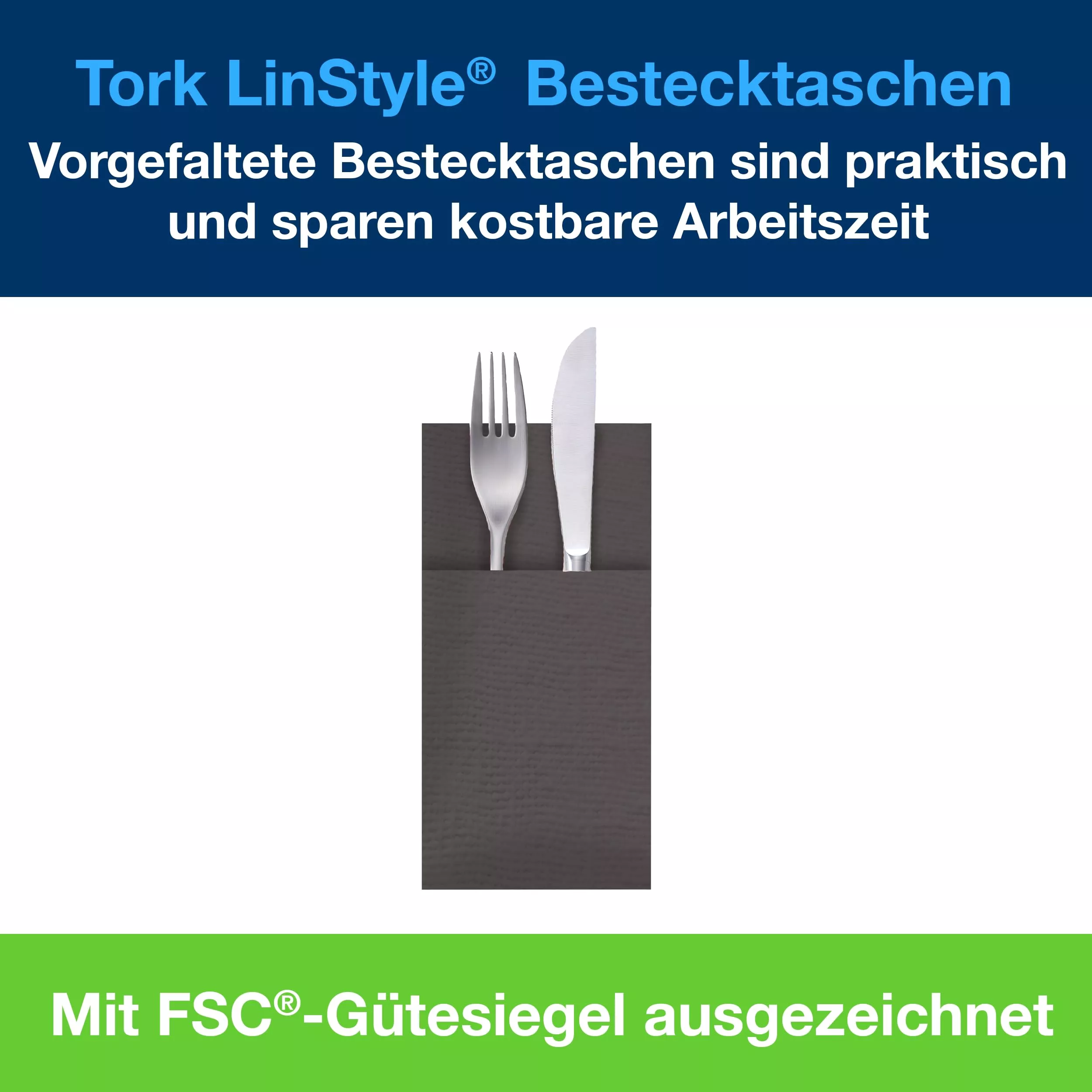 Tork LinStyle® Bestecktaschen Schwarz, strapazierfähig, 39 cm × 39 cm, 12 × 50 Servietten, 509606