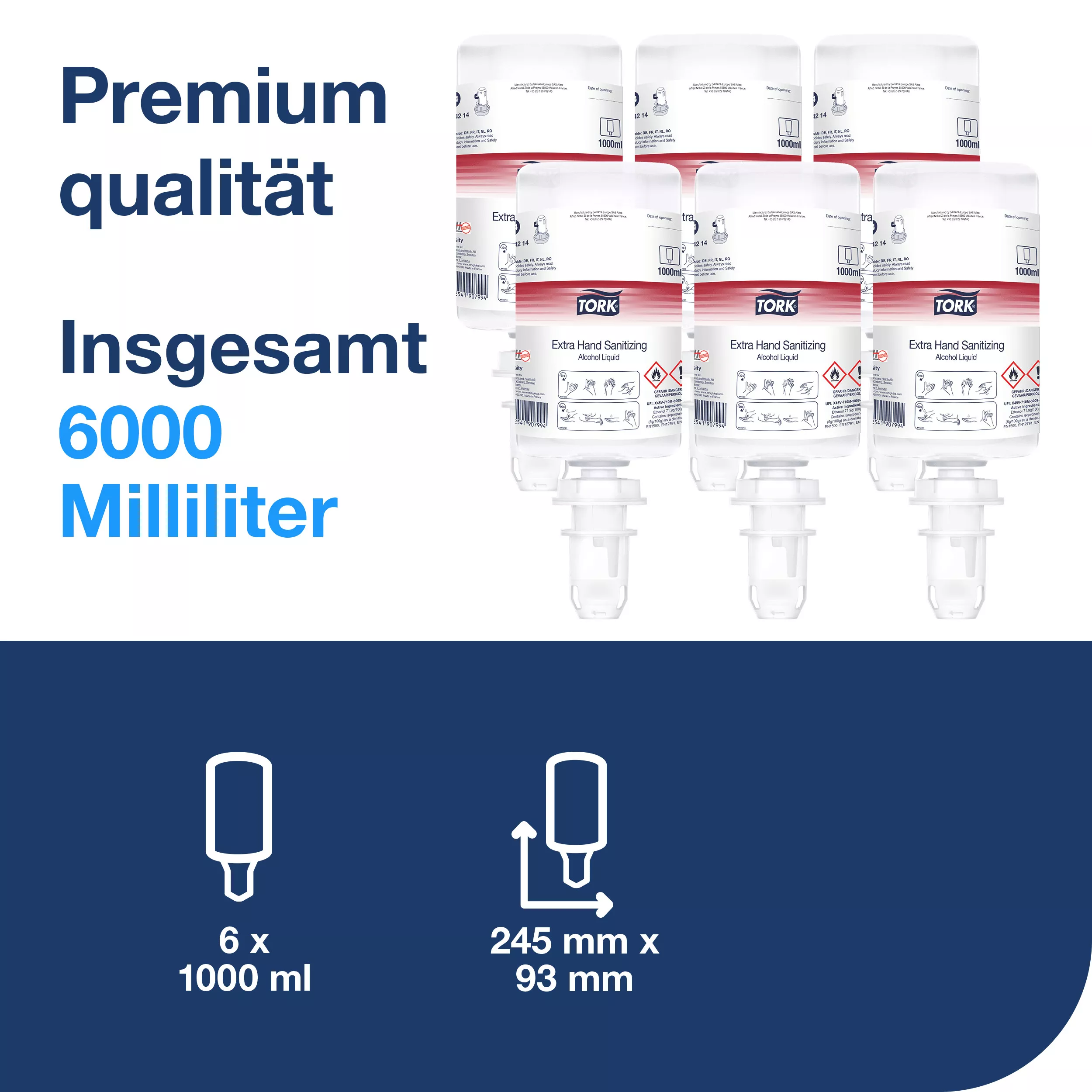 Tork Händedesinfektionsflüssigkeit mit Alkohol, schnelles und effektives Desinfektionsmittel, 6 × 1.000 ml, 424214