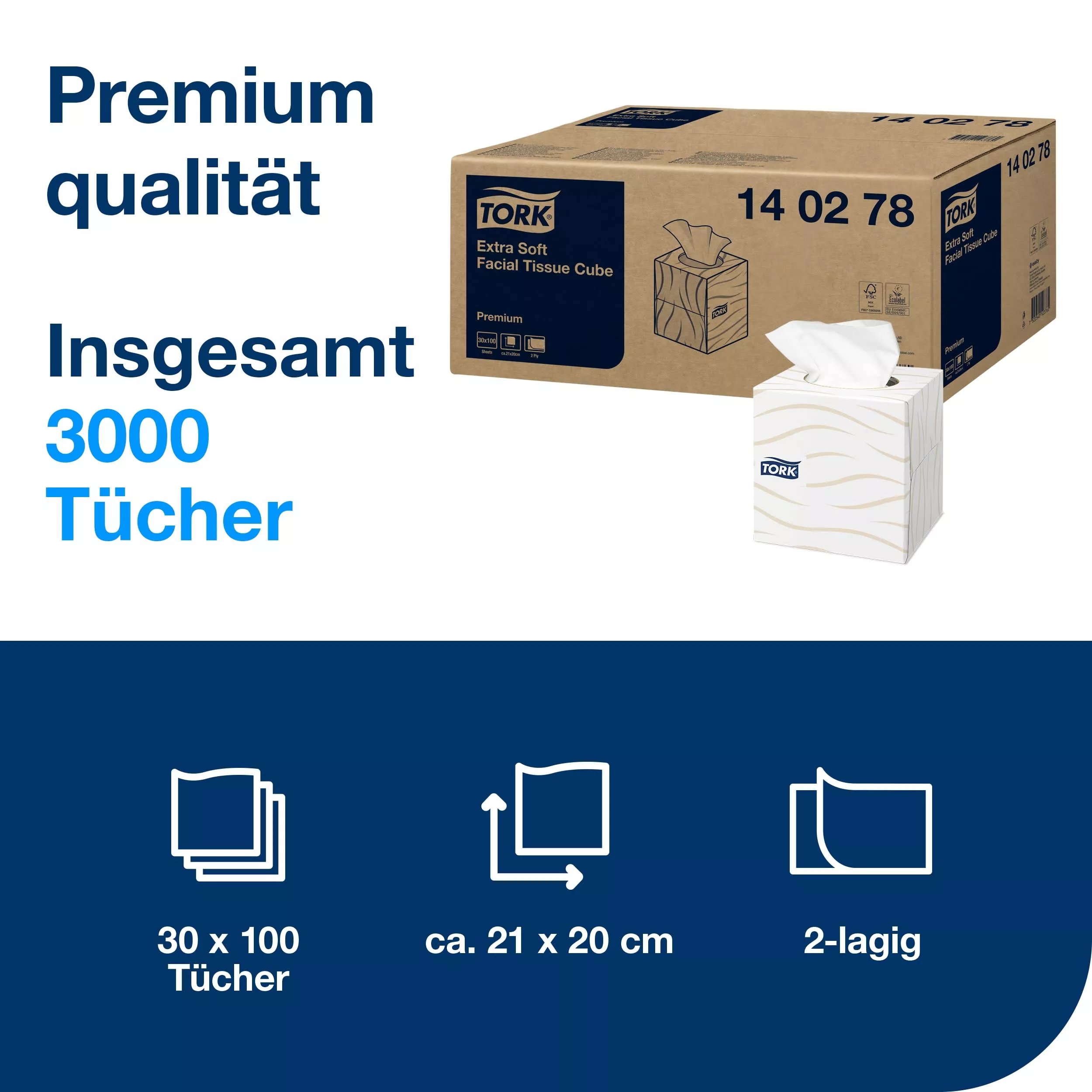 Tork extra weiche Kosmetiktücher (im Spenderwürfel), Premium, 2-lagig, 30 × 100 Blatt, 140278