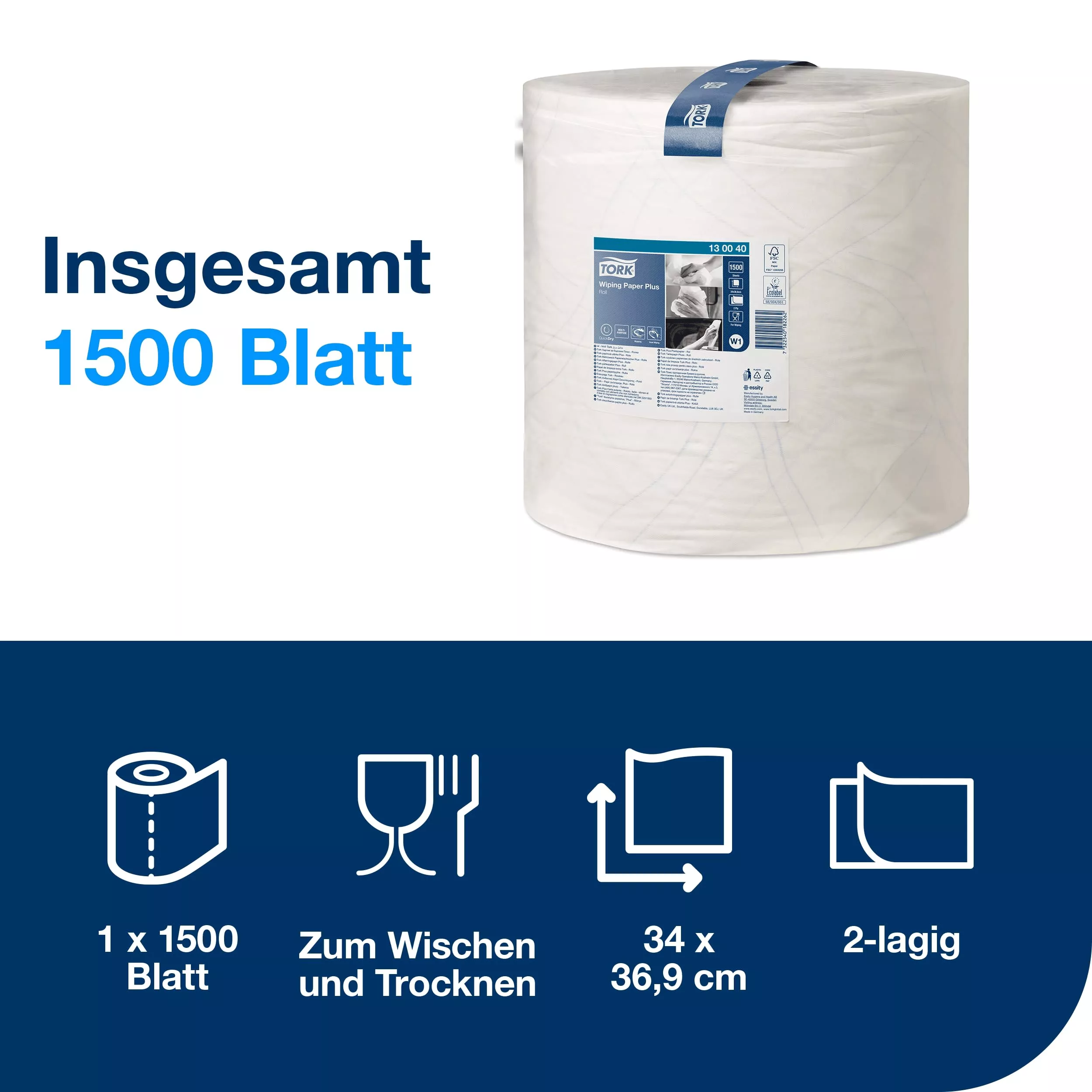 Tork Starke Mehrzweck-Papierwischtücher Weiß W1, 1 × 1.500 Blatt, 130040