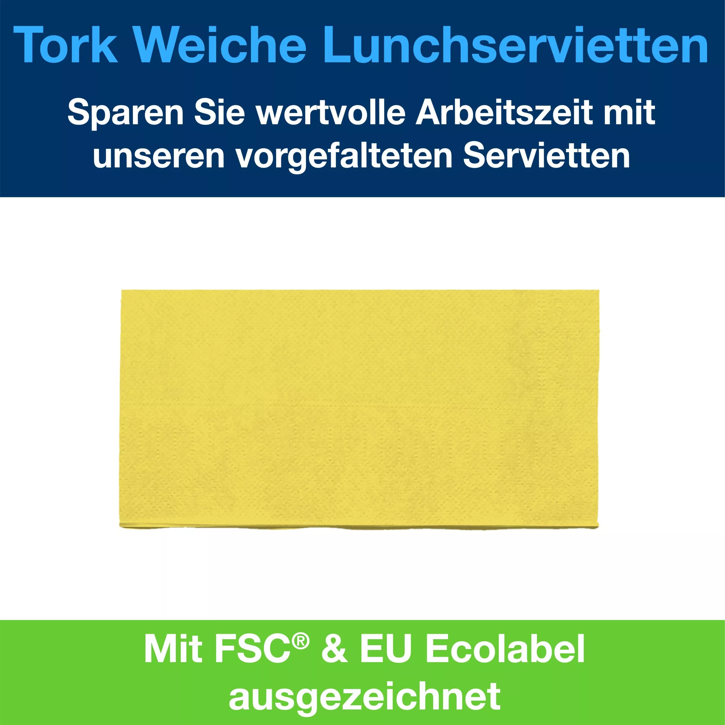 Tork Soft Lunchserviette Gelb, 1/8-Falz, 3-lagig, 33 cm × 33 cm, 10 × 150 Servietten, 477880
