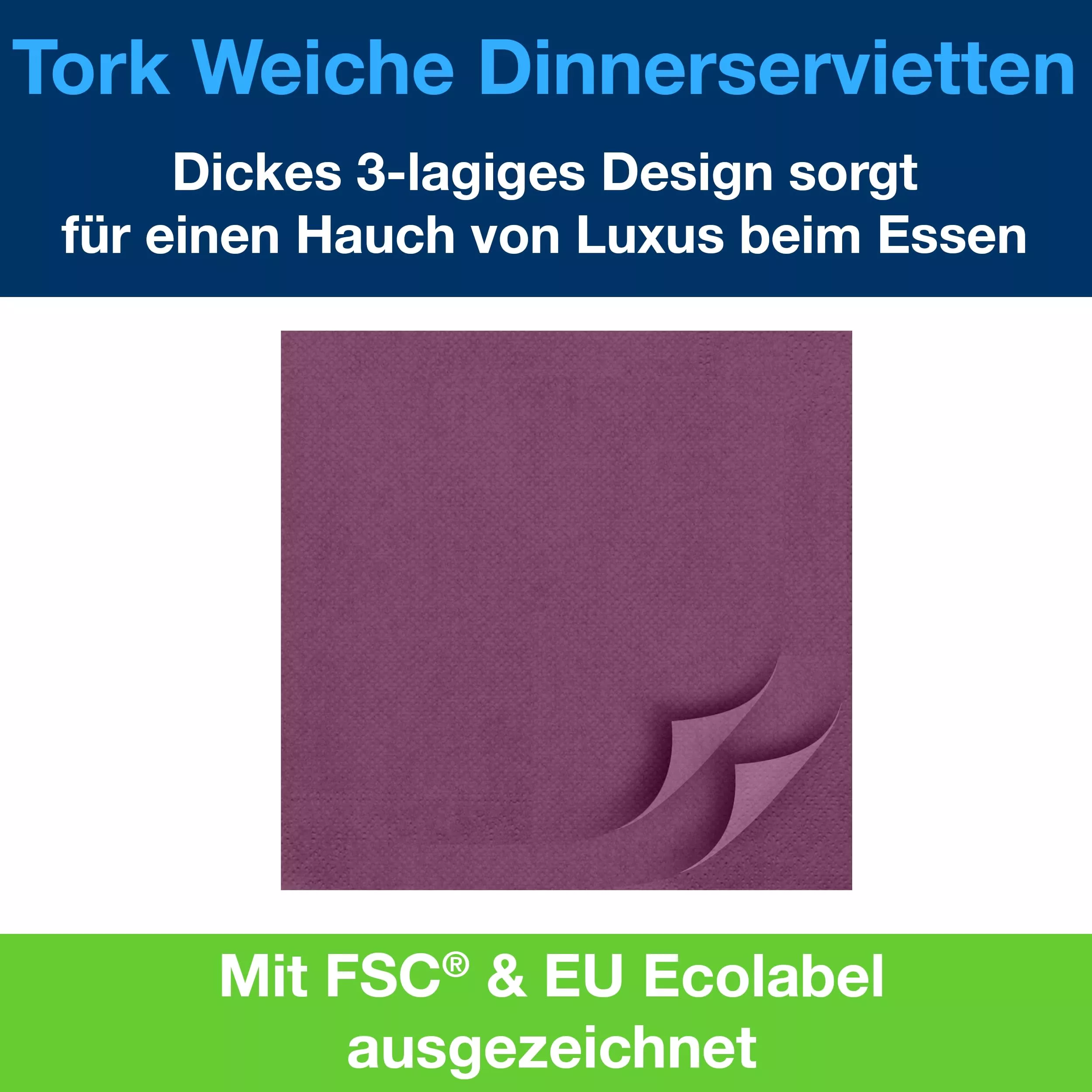 Tork Soft Dinnerservietten Violett, 1/4‑Falz, 3‑lagig, 40 cm × 39 cm, 12 × 100 Servietten, 477775