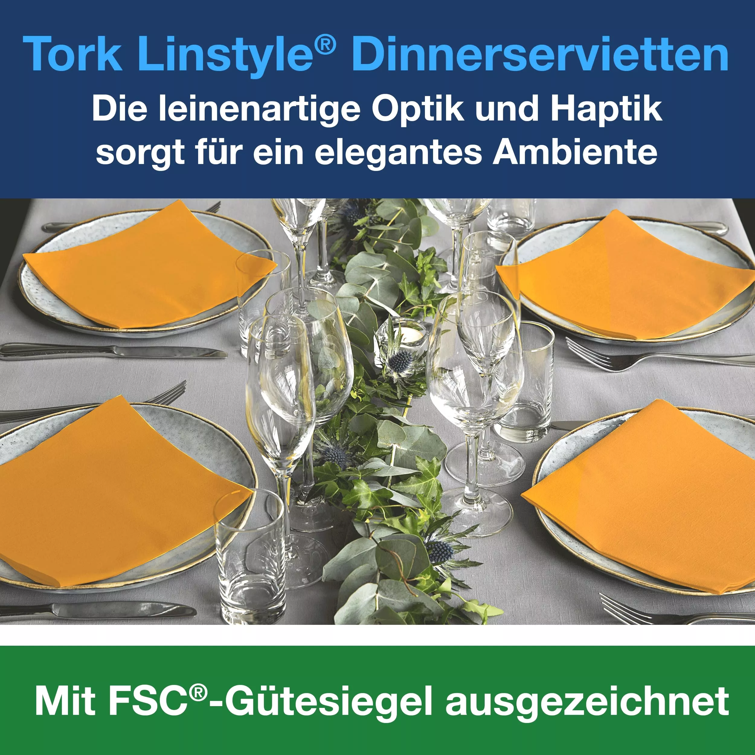 Tork LinStyle® Dinnerservietten Orange, 1/4‑Falz, 39 cm × 39 cm, 12 × 50 Servietten, 478851