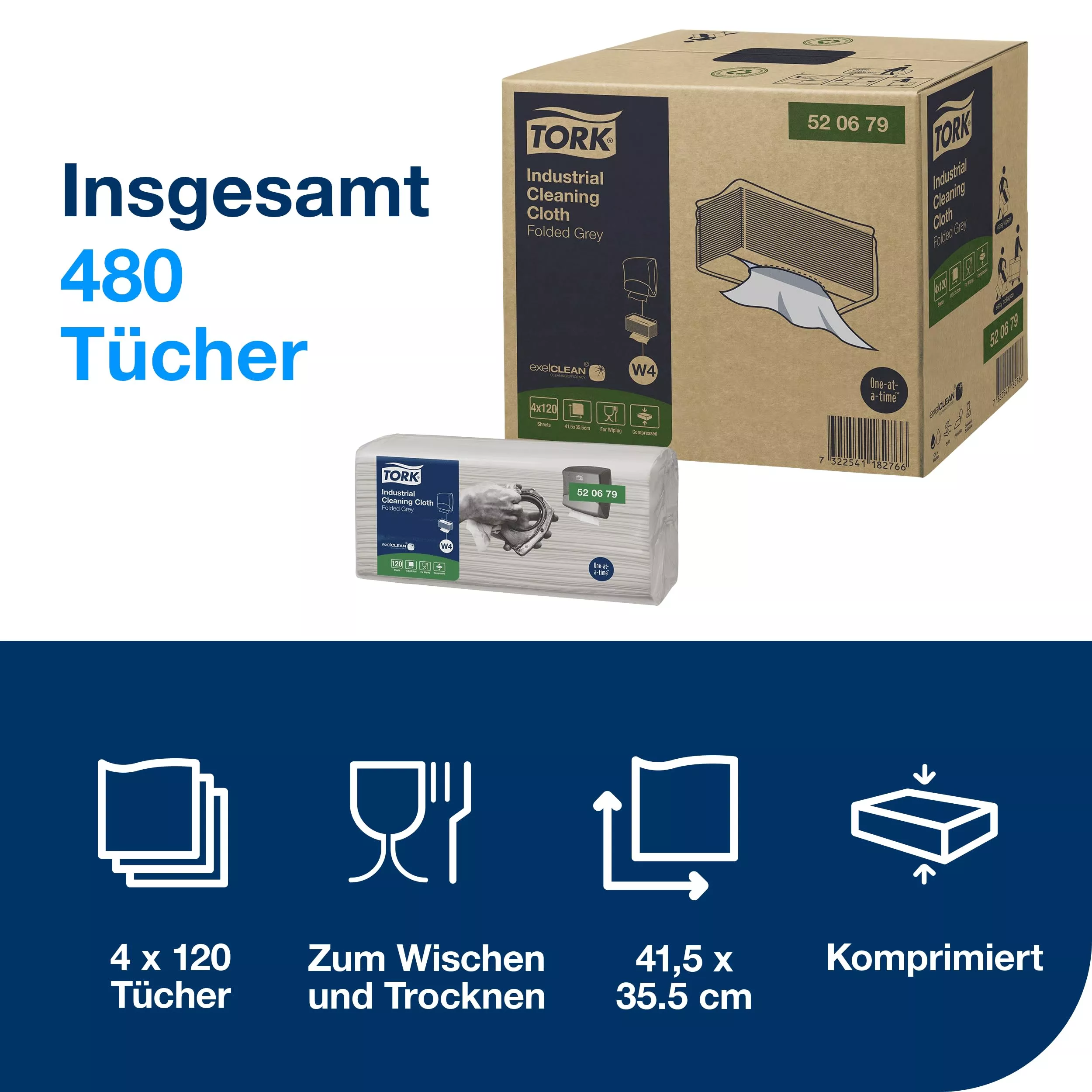 Tork Gefaltete Industrie Reinigungstücher Grau W4, flexibel und weich, 4 × 120 Tücher, 520679