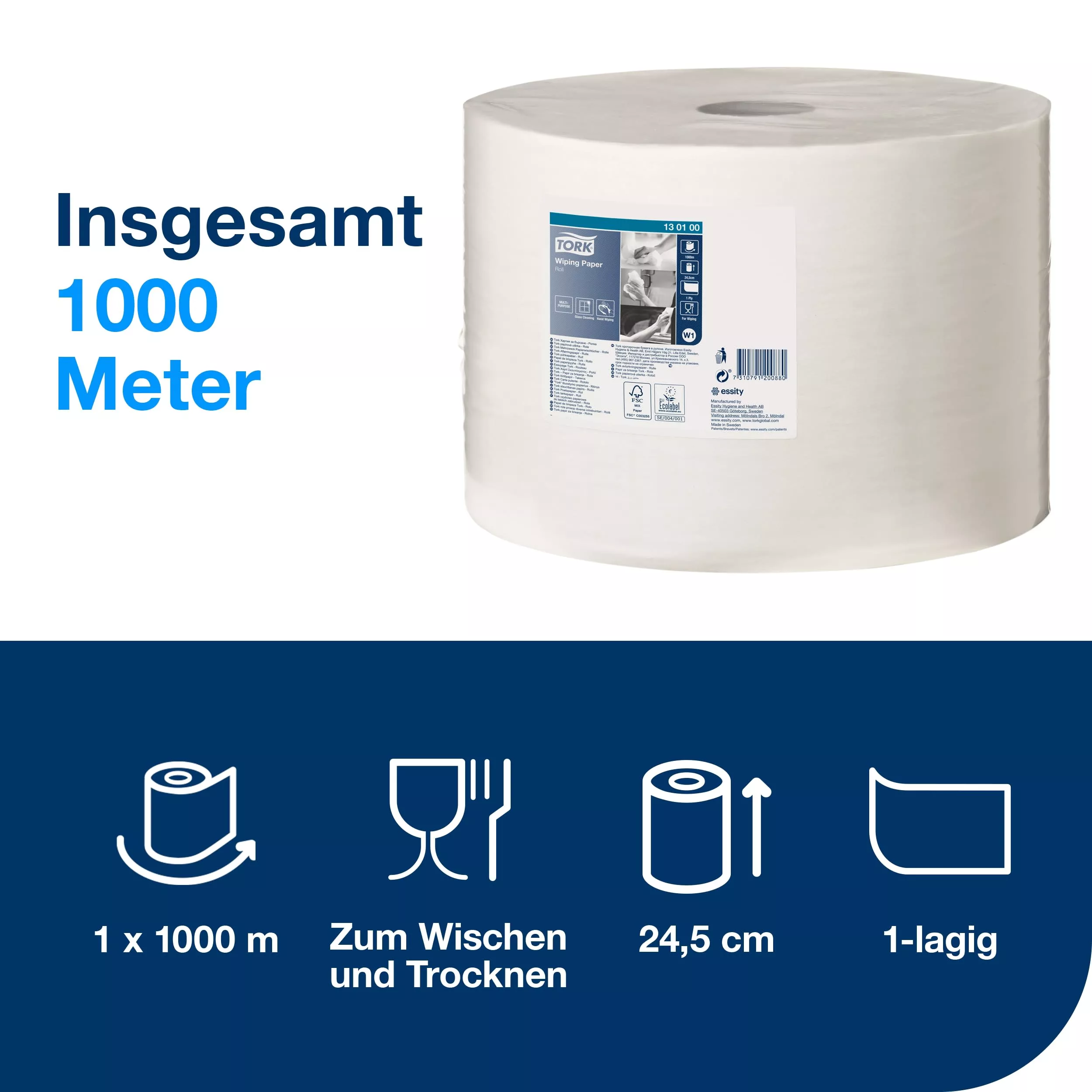 Tork Mehrzweck Papierwischtücher Weiß W1, Hohe Kapazität, 1 × 1.000 m Rolle, 130100