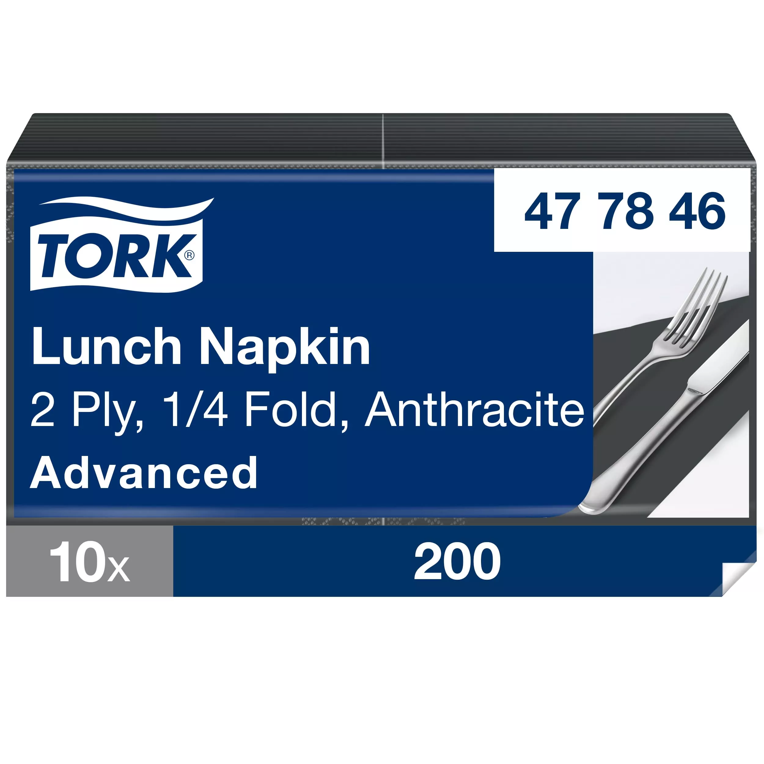 Tork Lunchservietten Anthrazit, 1/4-Falz, 2-lagig, 33 cm × 33 cm, 10 × 200 Servietten, 477846