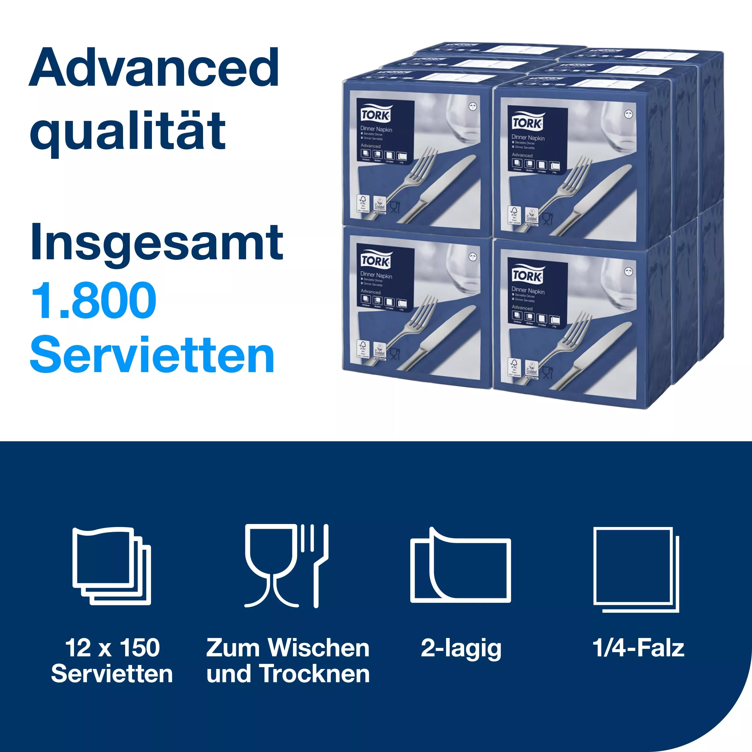 Tork Dinnerservietten Dunkelblau, 1/4-Falz, 2‑lagig, 40 cm × 39 cm, 12 × 150 Servietten, 478756